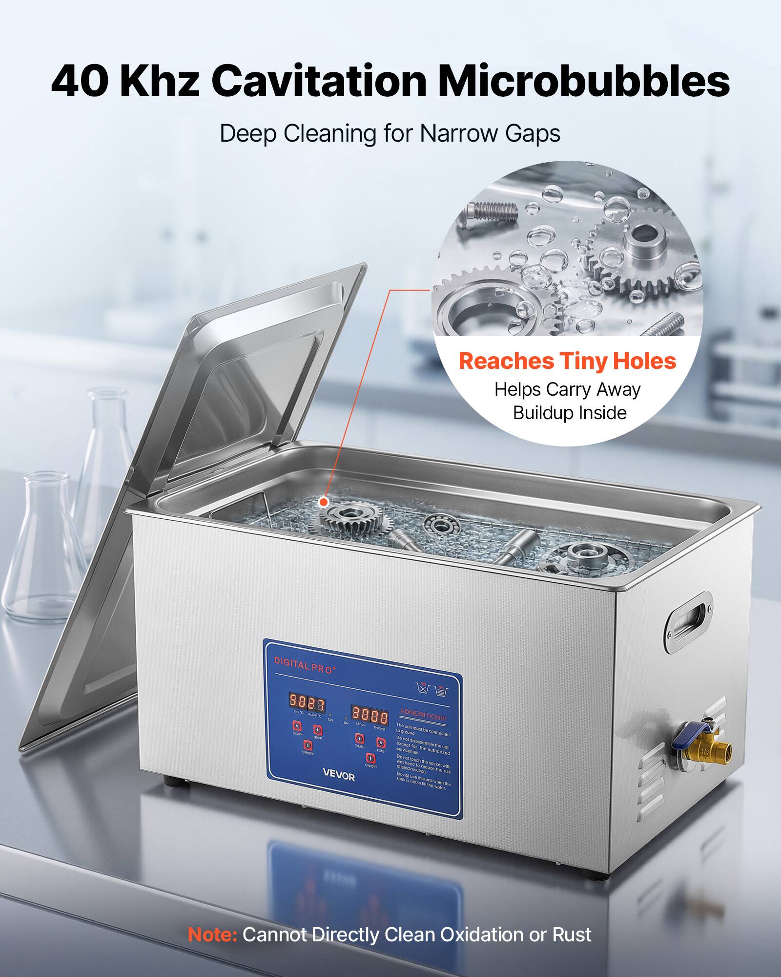 40 KHz Cavitation Microbubbles Deep Cleaning for Narrow Gaps Reaches Tiny Holes Helps Carry Away Buildup Inside

DIGITALPRO Ww 9823 - 8888

ADMONTION

Note: Cannot Directly Clean Oxidation or Rust