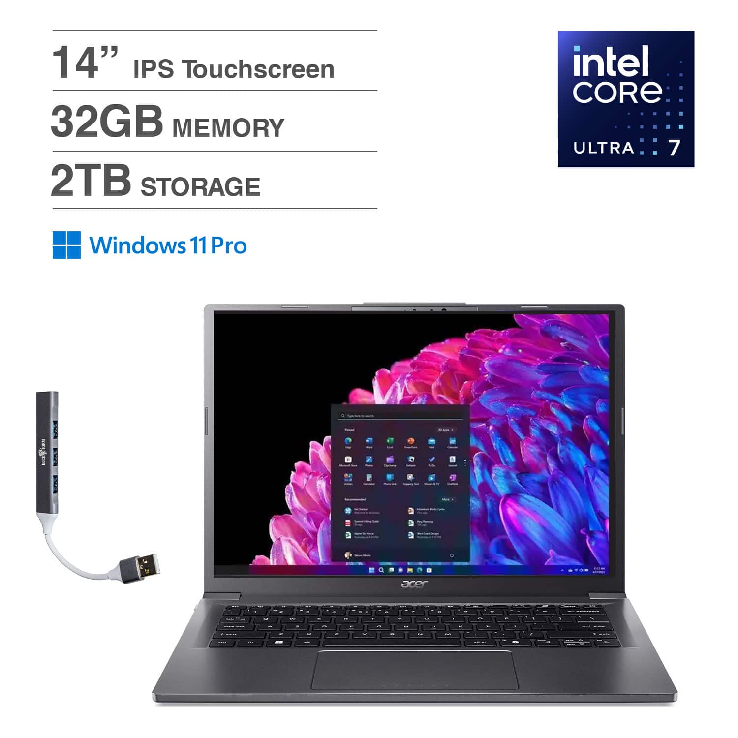 Acer - Aspire 14 AI Laptop 14.0 WUXGA (Intel Ultra 7-258V, 32GB LPDDR5X, 2TB PCIe SSD, Win 11 Pro) w/USB Hub - Steel Gray