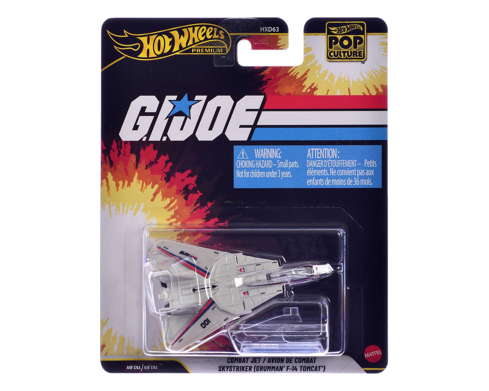 HXD63 HOT WHEELS PREMIUM POP CULTURE GIJOE! WARNING: ATTENTION: CHOKING HAZARD-Small parts. DANGER D'ÉTOUFFEMENT- Petits éléments. Ne convient pas aux enfants de moins de 36 mois. 100 METAL METAL METAL COMBAT JET / AVION DE COMBAT SKY STRIKER (GRUMMAN F-14 TOMCAT) MATTEL