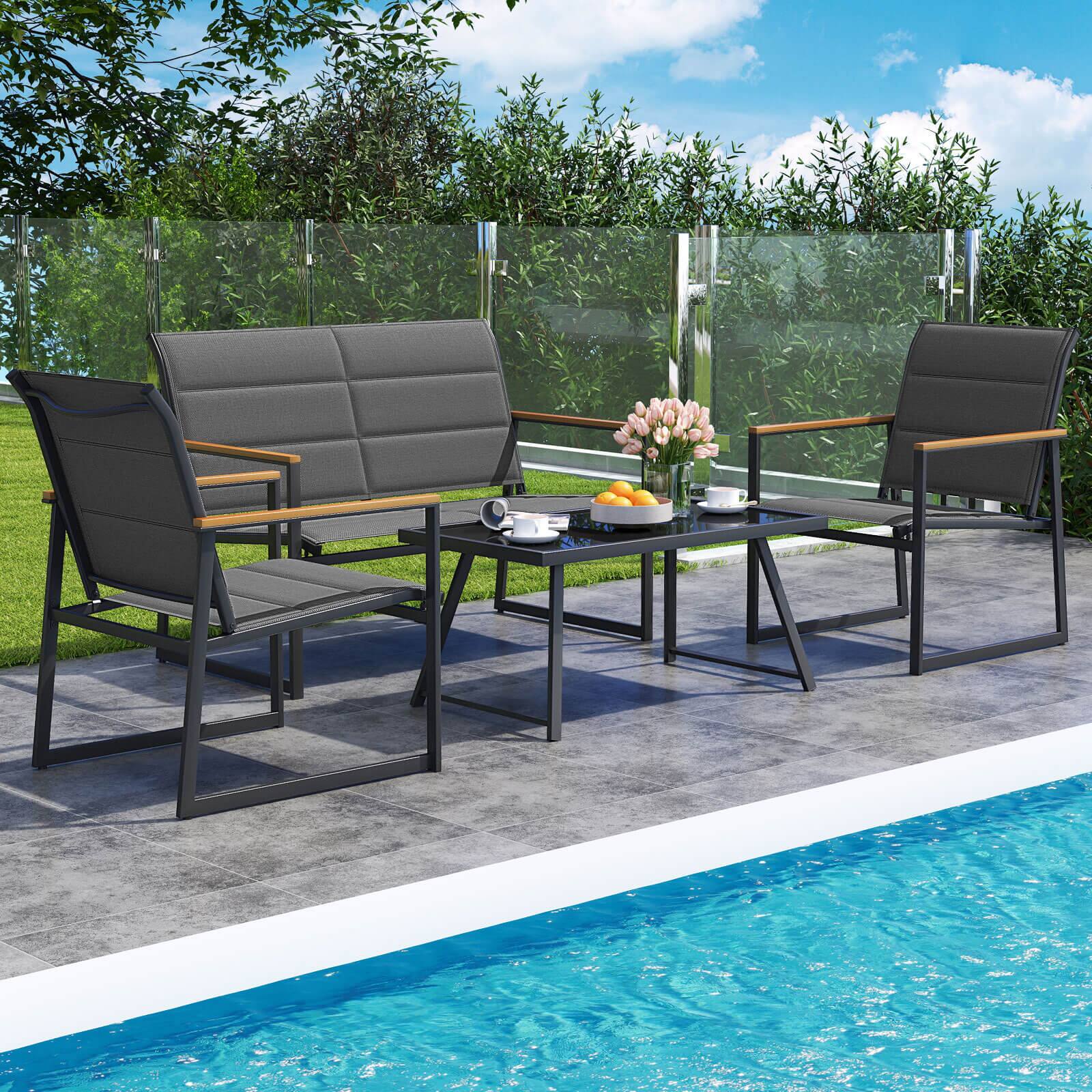 Alt View 1. Costway - Costway 4 PCS Patio Furniture Set with Padded Fabric Seat & Wood-Plastic Armrests Table - Grey.