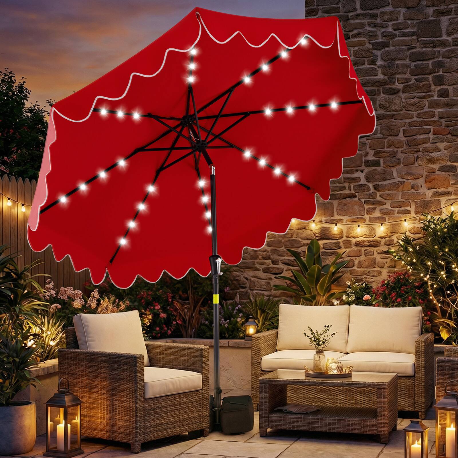 Alt View 1. Gymax - Gymax 9 FT Outdoor Patio Umbrella w/32 Solar LED Lights & Weighted Base Sandbags Red - Red.