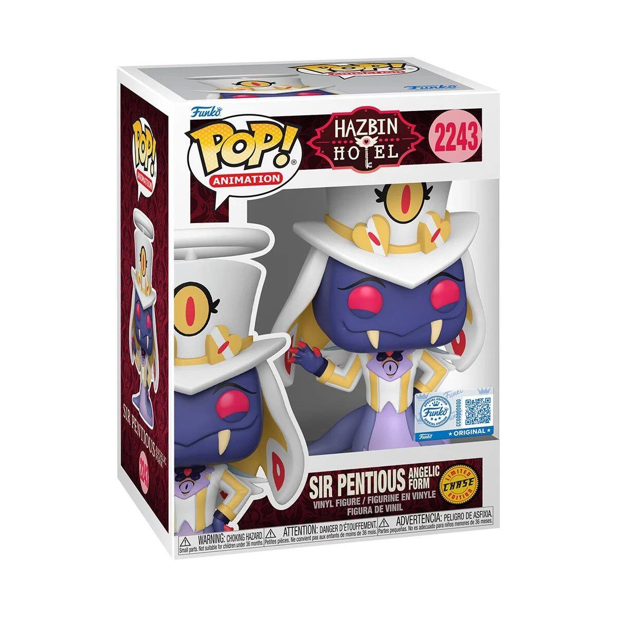 Funko POP! Animation  
HAZBIN HOTEL  
2243  

SIR PENTIOUS ANGELIC TRIE FORM  
VINYL FIGURE / FIGURINE EN VINYLE / FIGURA DE VINIL  

ORIGINAL  
CHASE EDITION  

WARNING: CHOKING HAZARD - Small parts. Not for children under 3 years.  
ADVERTENCIA: PEQUEÑOS PIEZAS. NO ADECUADO PARA MENORES DE 3 AÑOS.  
ATTENTION: Petite pièce. Ne convient pas aux enfants de moins de 3 ans.