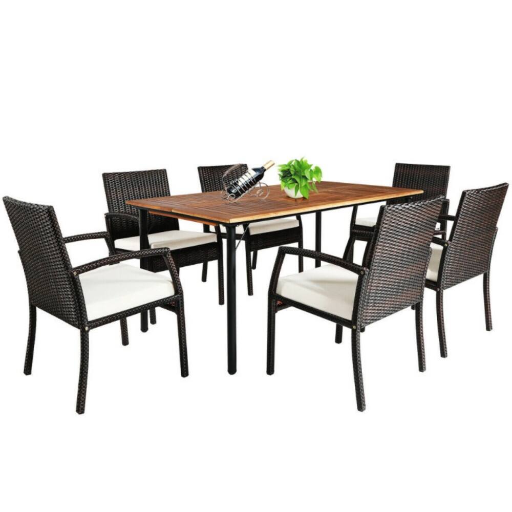 Back. Mondawe - 7 Pieces Patio Rattan Cushioned Dining Set with Umbrella Hole - White.