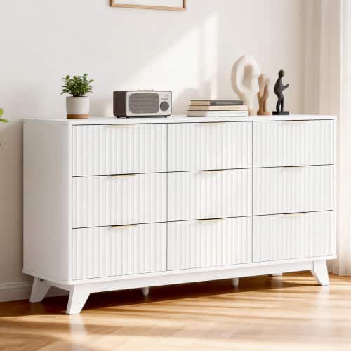 Winado - 57"L Fluted Chest of Dresser Drawers with 9 Drawers Wide Boho Wood Chest of Drawers Organizer for Living Room Bedroom - White