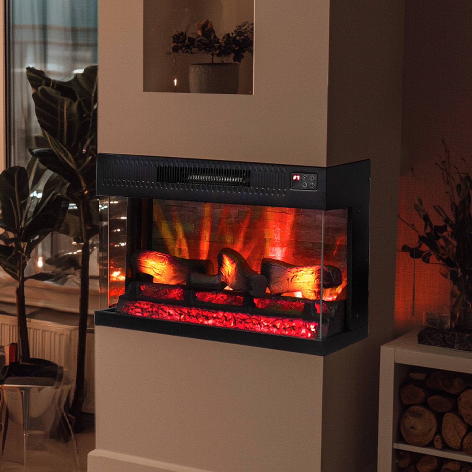 Alt View 1. Winado - 28"  Electric Fireplace Insert, 1-2-3 Sided View, Heater 1400W, Multi-color 20-color flame/Fake wood/heating wire - Black.