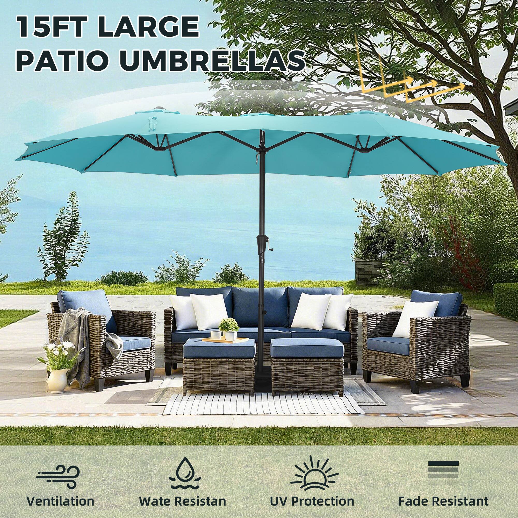 15FT LARGE PATIO UMBRELLAS

- Ventilation
- Water Resistant
- UV Protection
- Fade Resistant