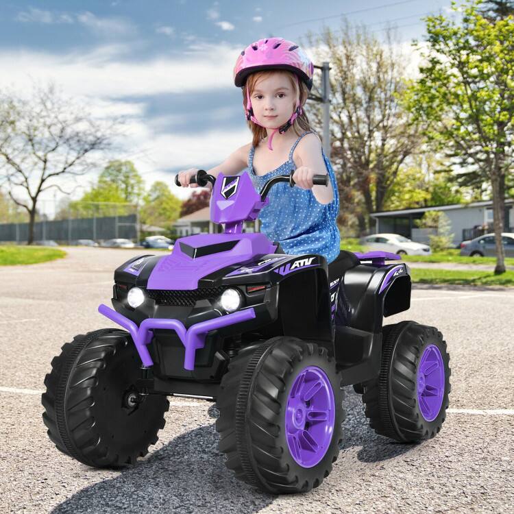 Angle. SlickBlue - 12V Kids Ride-On ATV with LED Lights and Treaded Tires for Outdoor Fun - Purple.