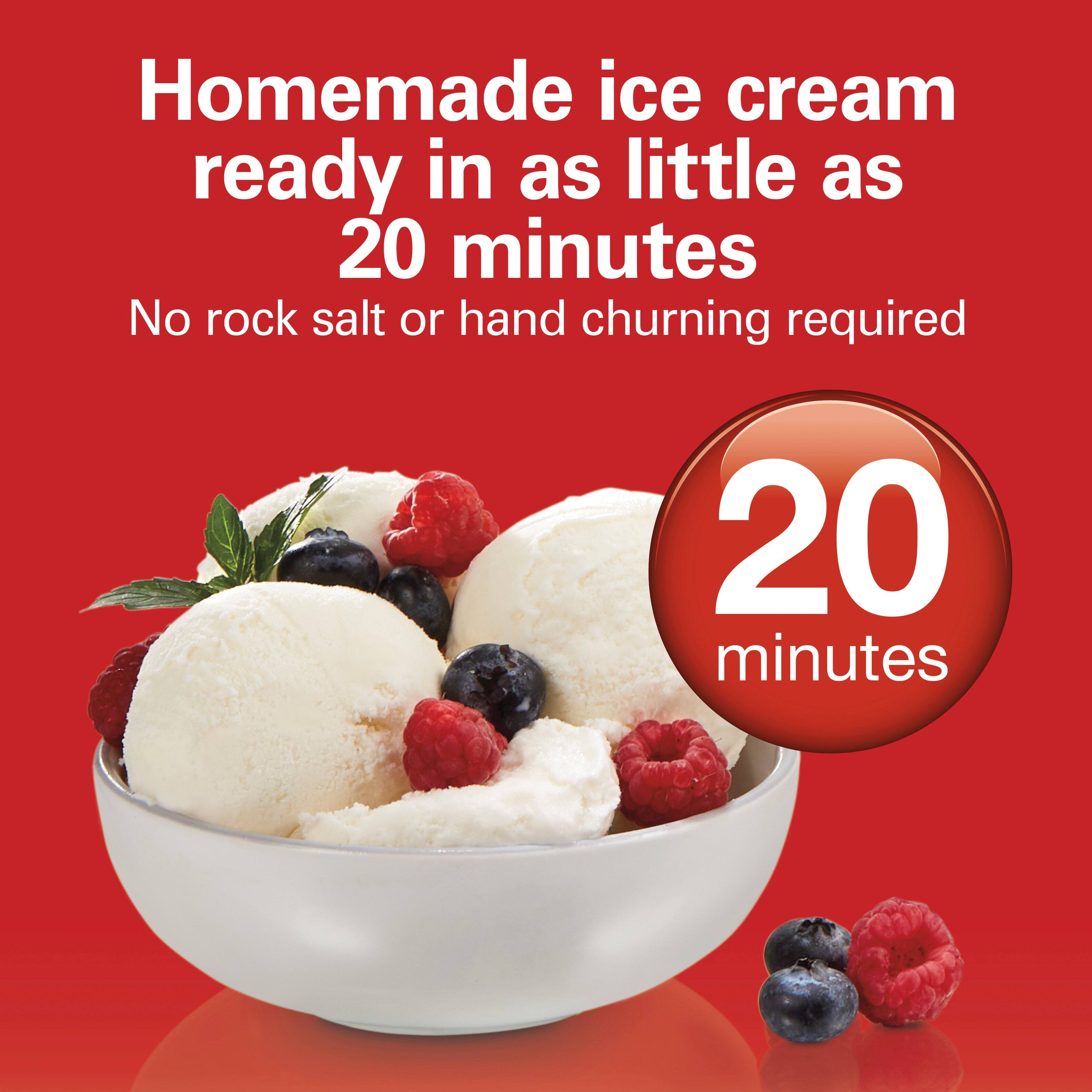 Homemade ice cream ready in as little as 20 minutes  
No rock salt or hand churning required  

20 minutes