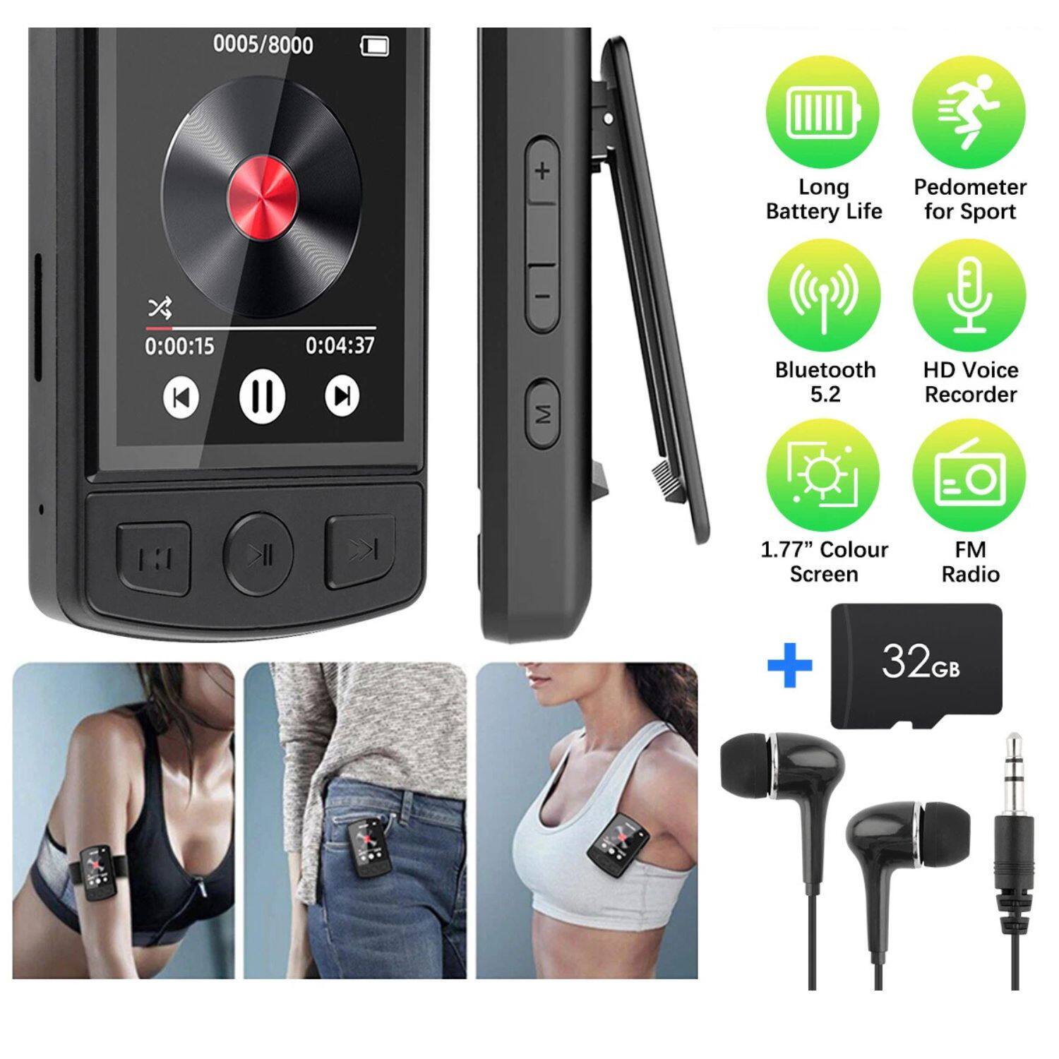 - Long Battery Life
- Pedometer for Sport
- Bluetooth 5.2
- HD Voice Recorder
- 1.77" Colour Screen
- FM Radio
- 32GB
- 0005/8000
- 0:00:15
- 0:04:37