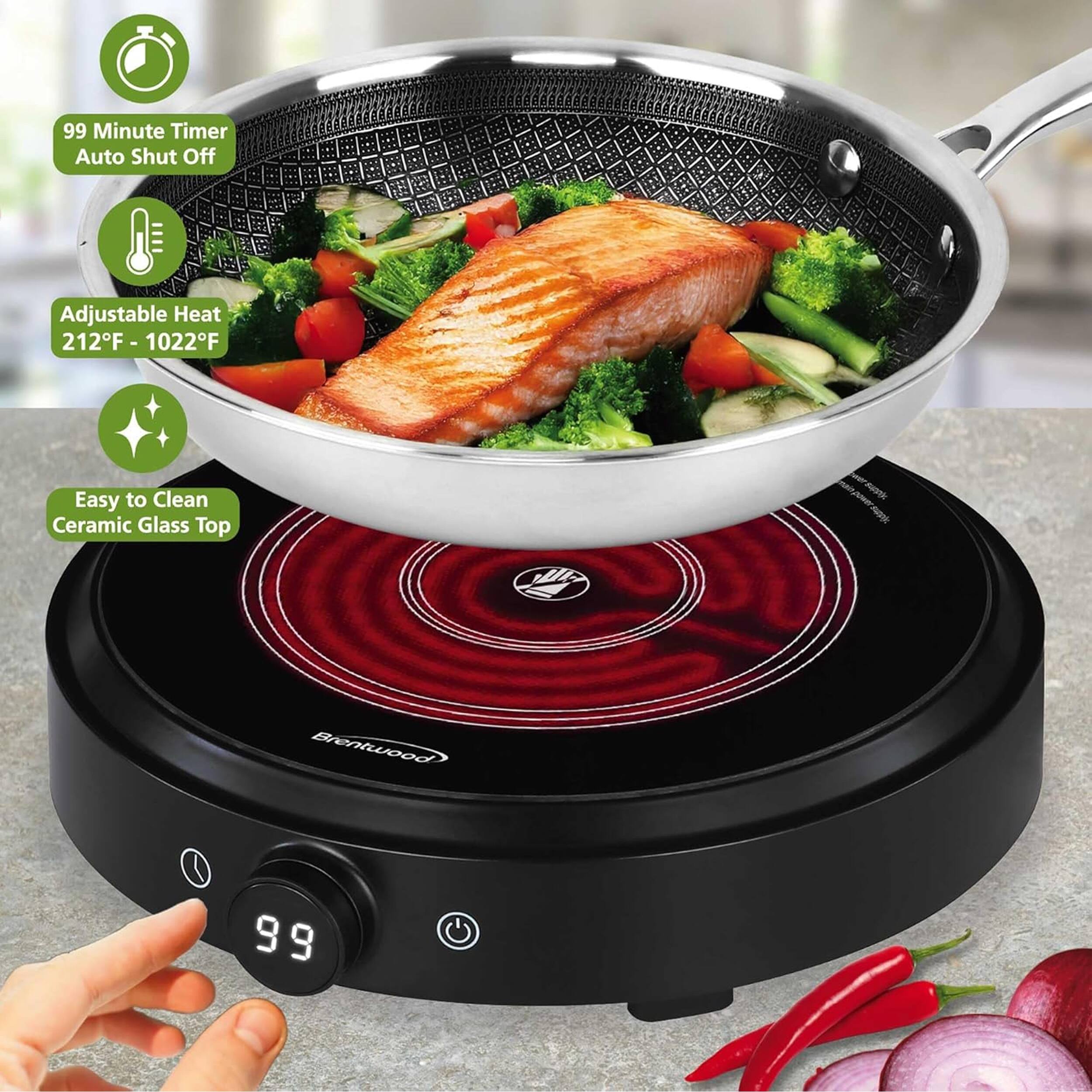 99 Minute Timer Auto Shut Off Adjustable Heat 212°F - 1022°F - Easy to Clean Ceramic Glass Top HNI AUE nntos LL Brentwood 99
