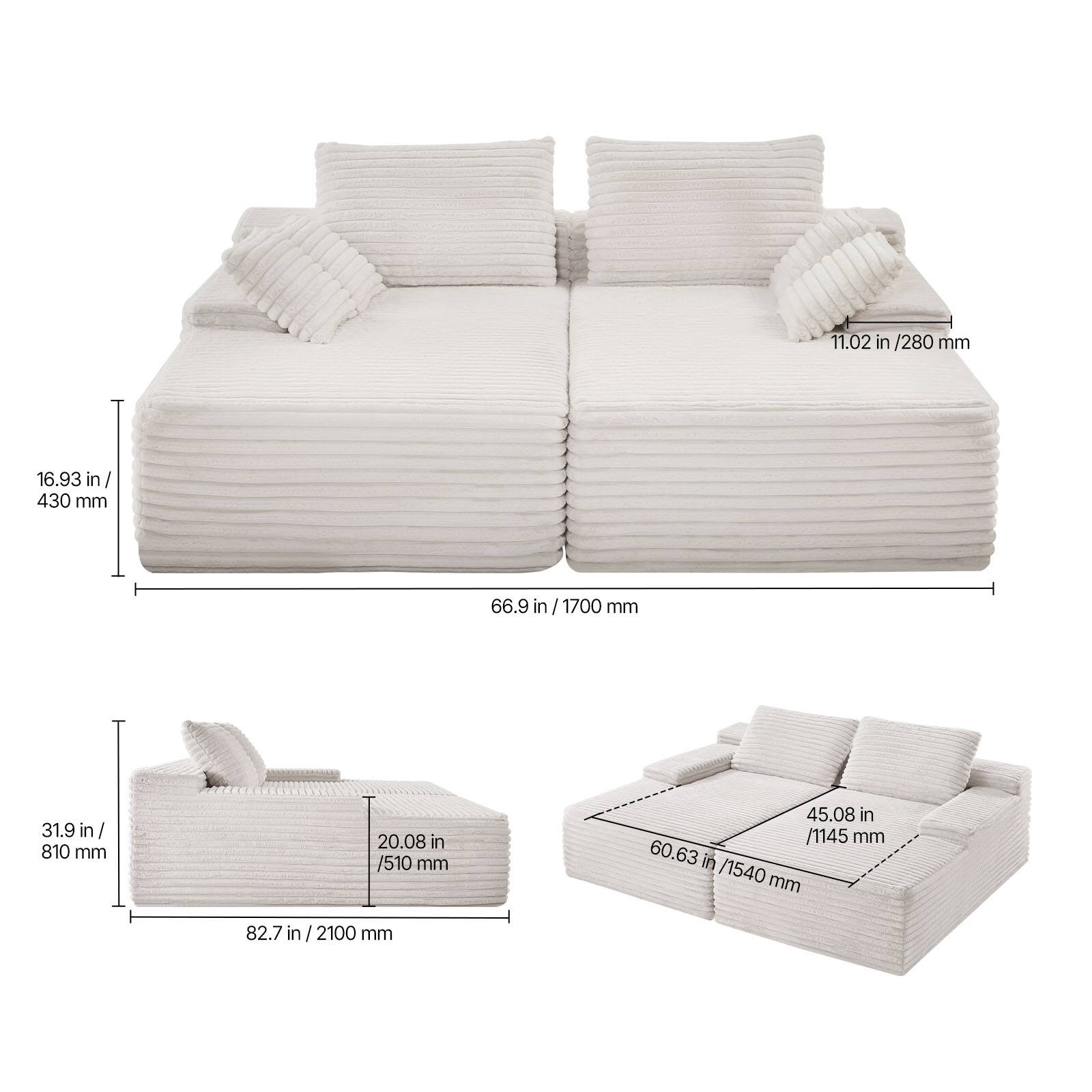 11.02 in / 280 mm  
16.93 in / 430 mm  
66.9 in / 1700 mm  
31.9 in / 810 mm  
20.08 in / 510 mm  
45.08 in / 1145 mm  
60.63 in / 1540 mm  
82.7 in / 2100 mm