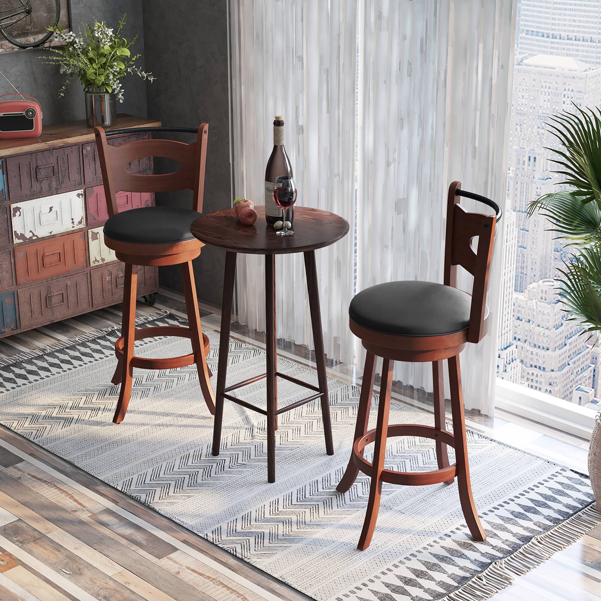Alt View 3. Costway - Set of 2 Bar Stools 360° Swivel Dining Chairs Solid Rubber Wood Leather Padded - Black/Brown.