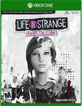 XBOX ONE ACCESS TO SOME CONTENT REQUIRES ADDITIONAL DOWNLOADS. DETAILS ON BACK OF BOX* 4K XBOX ONE X ULTRA HD ENHANCED LIFE IS STRANGE BEFORE THE STORM + NE + + MATURE 17+ M & KAN Ow ESRB SQUARE ENIX - T (Teen 13+)