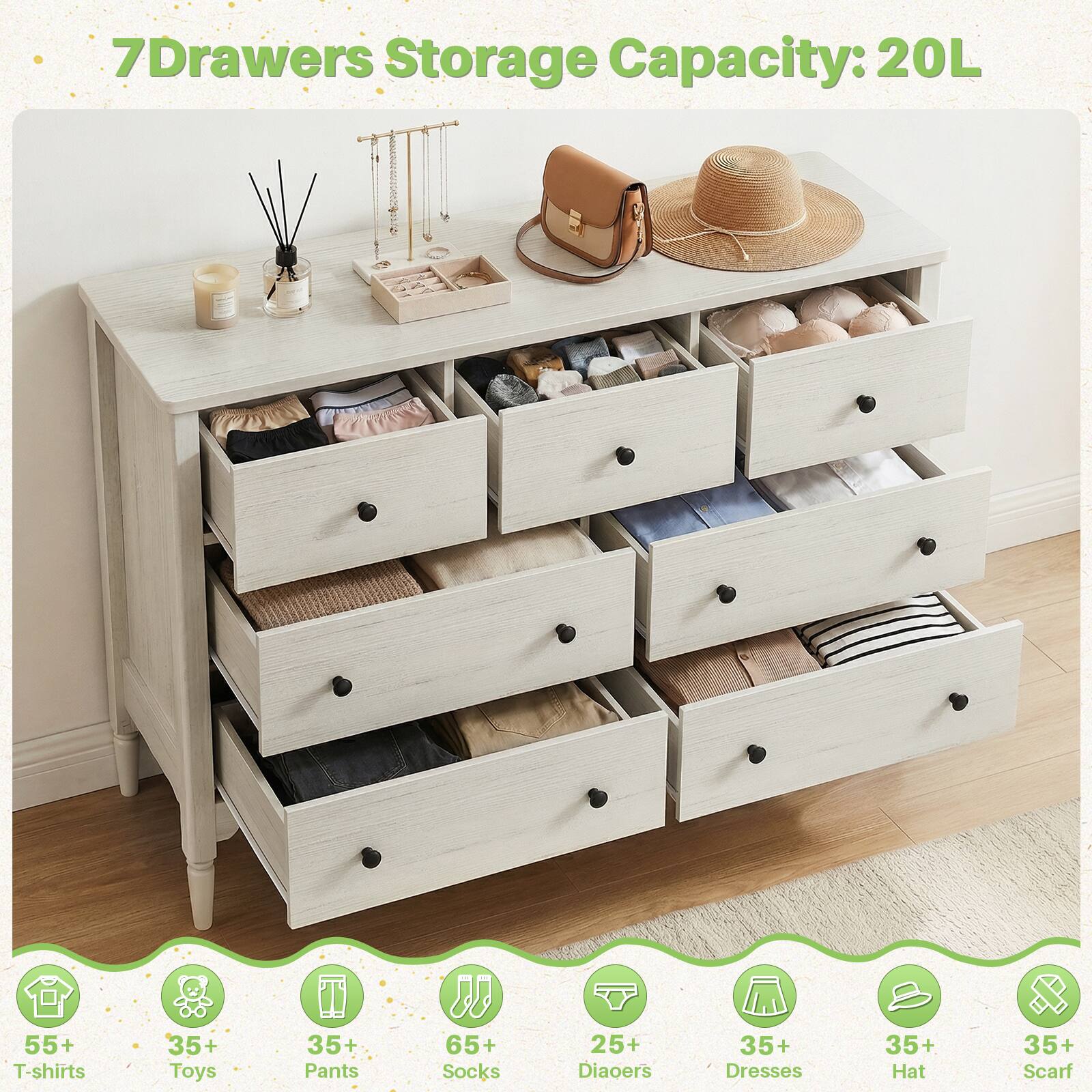 7 Drawers Storage Capacity: 20L

- 55+ T-shirts
- 35+ Toys
- 35+ Pants
- 65+ Socks
- 25+ Diapers
- 35+ Dresses
- 35+ Hat
- 35+ Scarf