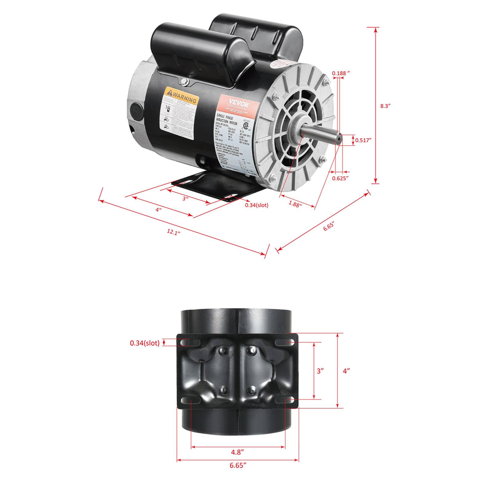 0.188" P_ WARNING . VEVOR SMU TU - - . 8.3" 0.517" D. 0.625" 3" 4" 12.1" 0.34(slot) 1.88" 6.65" 0.34(slot) 3" 4" 1 4.8" 6.65"