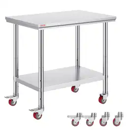 VEVOR - Stainless Steel Work Table 35 x 24 x 33 Inch, 700 LBS Load Capacity with 4 Wheels, 3 Adjustable Height Levels - Silver