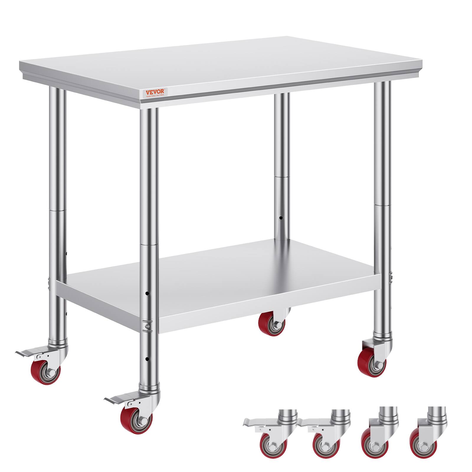 Front. VEVOR - Stainless Steel Work Table 35 x 24 x 33 Inch, 700 LBS Load Capacity with 4 Wheels, 3 Adjustable Height Levels - Sliver.