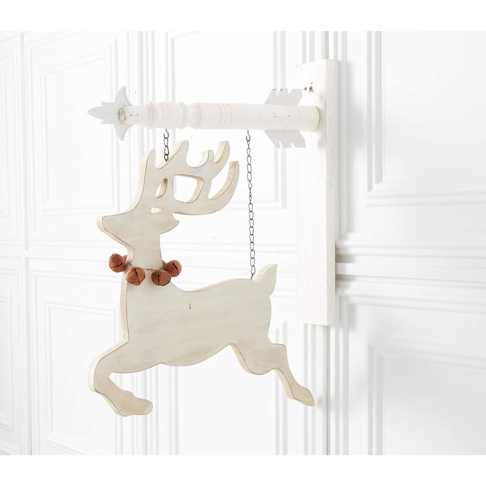 Left. K&K Interiors - K&K Interiors Wood Cutout Reindeer Christmas Arrow Replacement Sign 17 x 17 inch - Arrow Sold Separately - White.