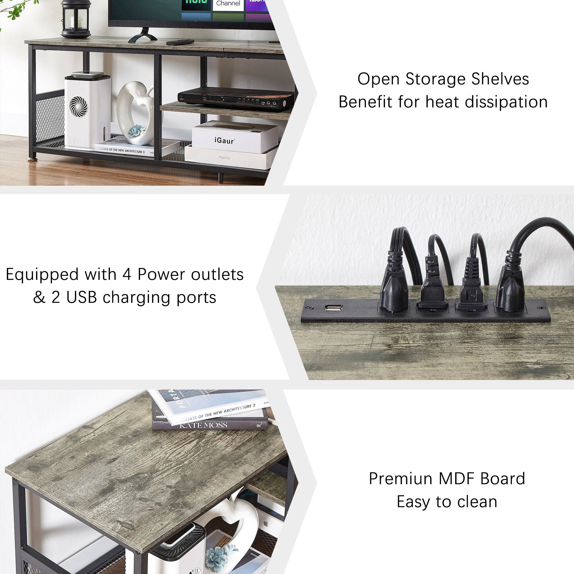 - Open Storage Shelves Benefit for heat dissipation
- Equipped with 4 Power outlets & 2 USB charging ports
- Premium MDF Board Easy to clean