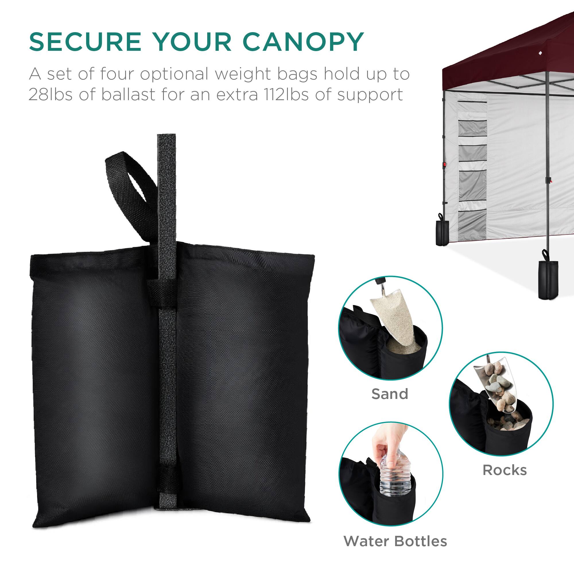 SECURE YOUR CANOPY

A set of four optional weight bags hold up to 28lbs of ballast for an extra 112lbs of support

Sand  
Rocks  
Water Bottles