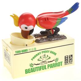 JuzToys - Parrot Coin Bank Box, Electric Money Box for Kids, Parrot Shape Money Saving Box Electronic Piggy Bank Robotic Toy - Red