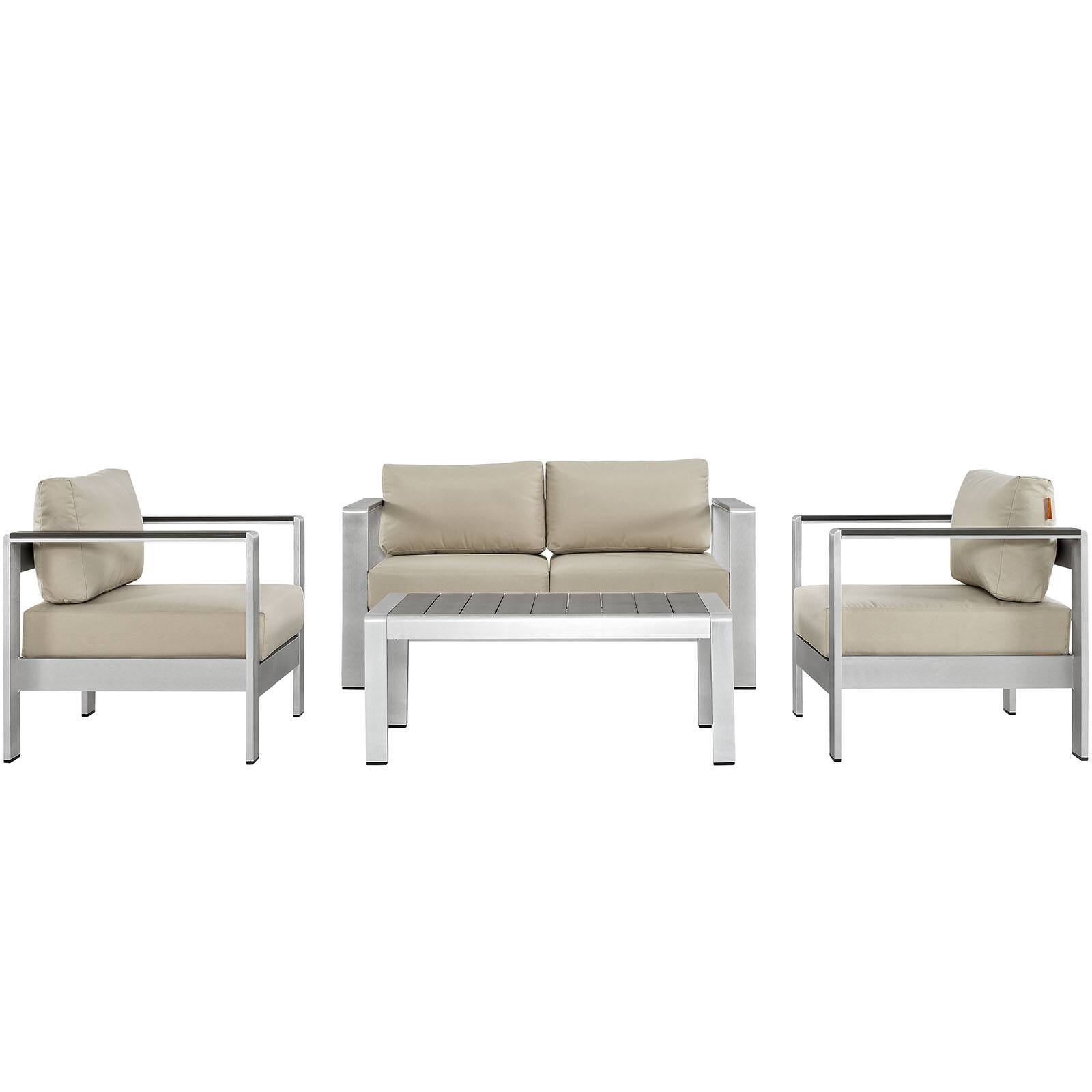 Front. Modway - Shore 4 Piece Outdoor Patio Aluminum Sectional Sofa Set by Modway - Silver Beige.