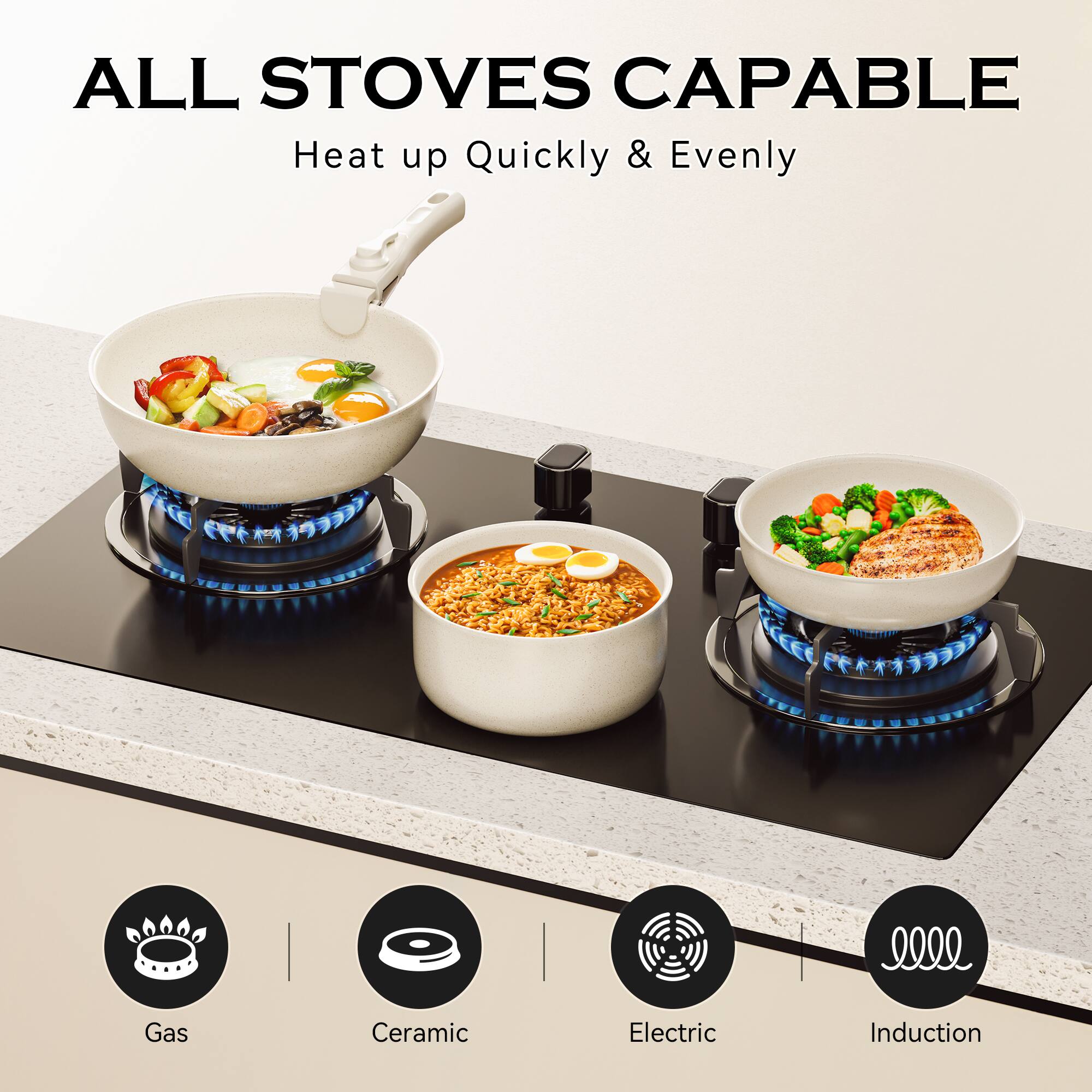 All stoves capable of heating up quickly and evenly: Gas, Ceramic, Electric, Induction.