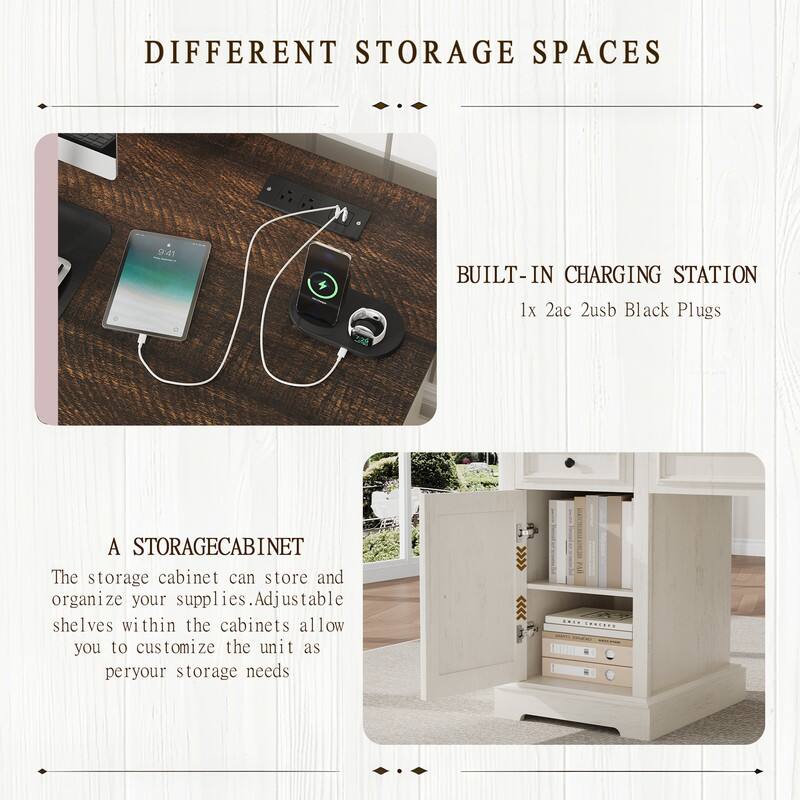 DIFFERENT STORAGE SPACES

BUILT-IN CHARGING STATION  
1x 2ac 2usb Black Plugs

A STORAGE CABINET  
The storage cabinet can store and organize your supplies. Adjustable shelves within the cabinets allow you to customize the unit as per your storage needs