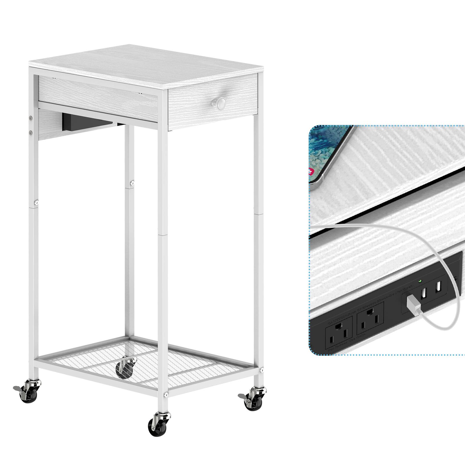 Back. Oumilen - Mobile Printer Stand with Charging Station & Wooden Drawer, Rolling Side Table with Mesh Storage Shelf, White - White.