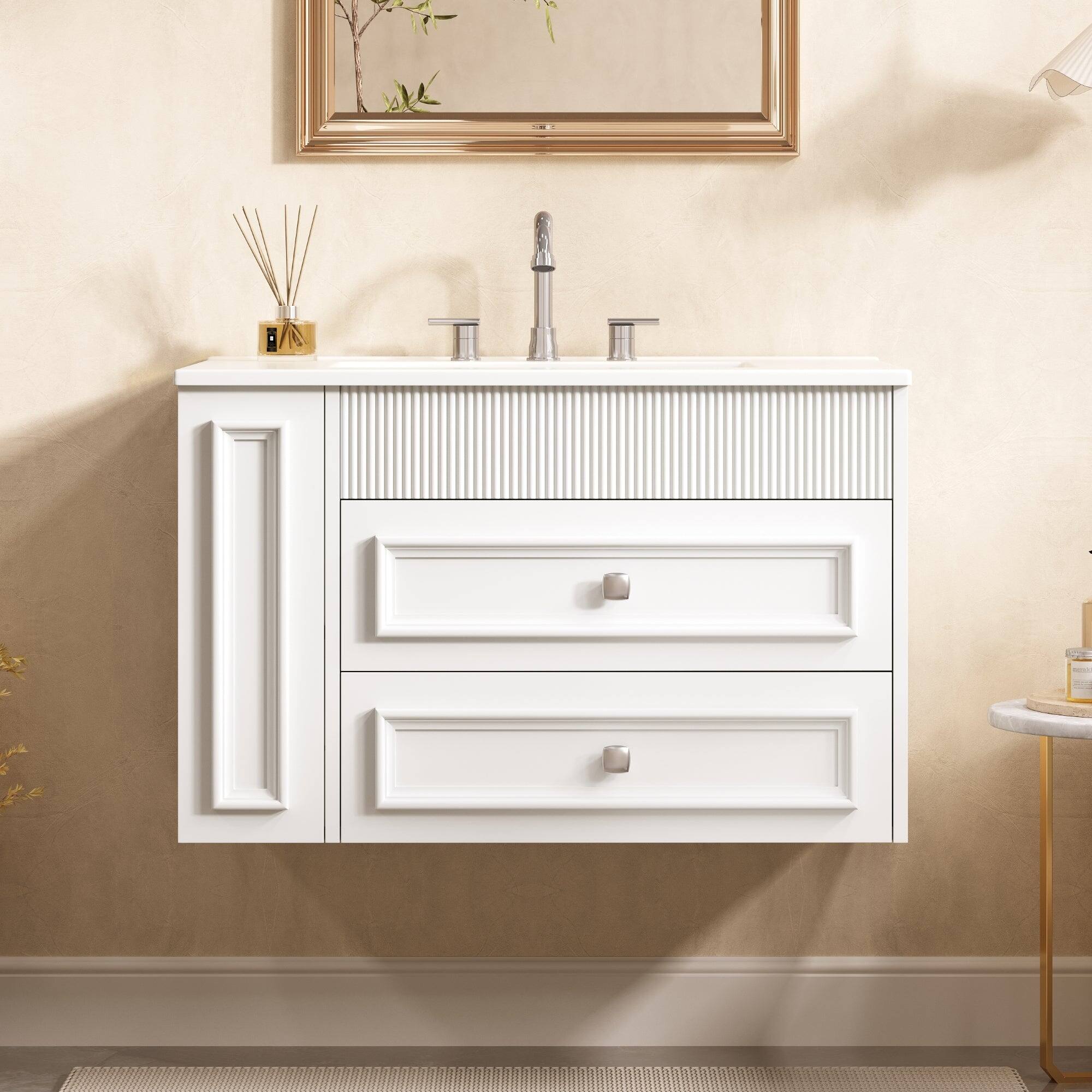 Alt View 5. Boyel Living - 30 Inch Wall Mounted Bathroom Vanity with Ceramic Sink and Two Drawers White - White.