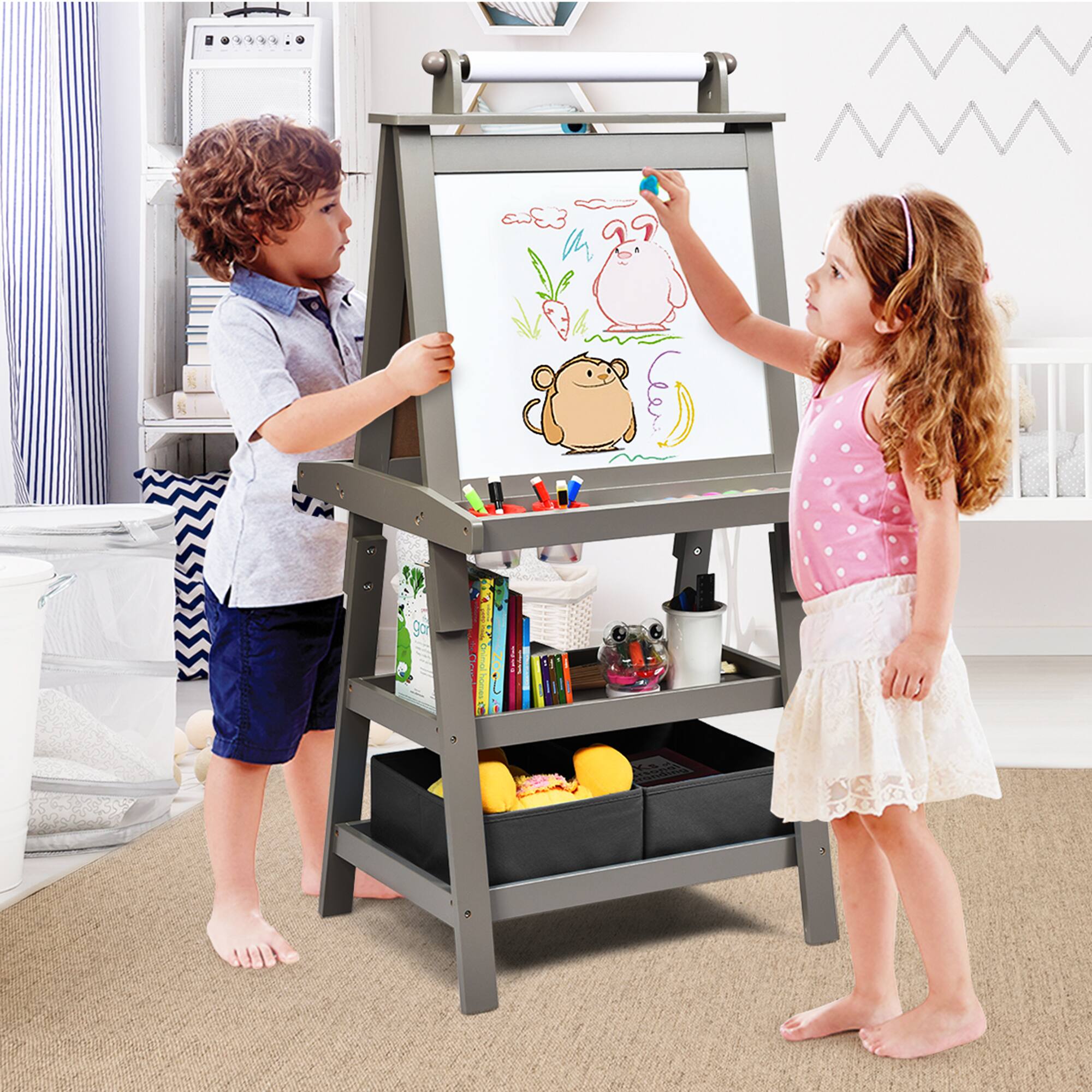 Alt View 3. Gymax - Gymax 3 in 1 Double-Sided Storage Art Easel w/ Paint Cups for Kids Writing Earl Grey - Earl Grey.