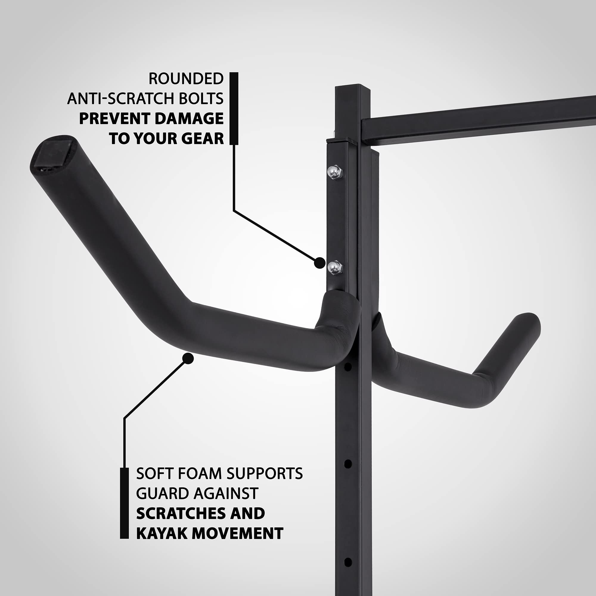 ROUNDED ANTI-SCRATCH BOLTS PREVENT DAMAGE TO YOUR GEAR
SOFT FOAM SUPPORTS GUARD AGAINST SCRATCHES AND KAYAK MOVEMENT