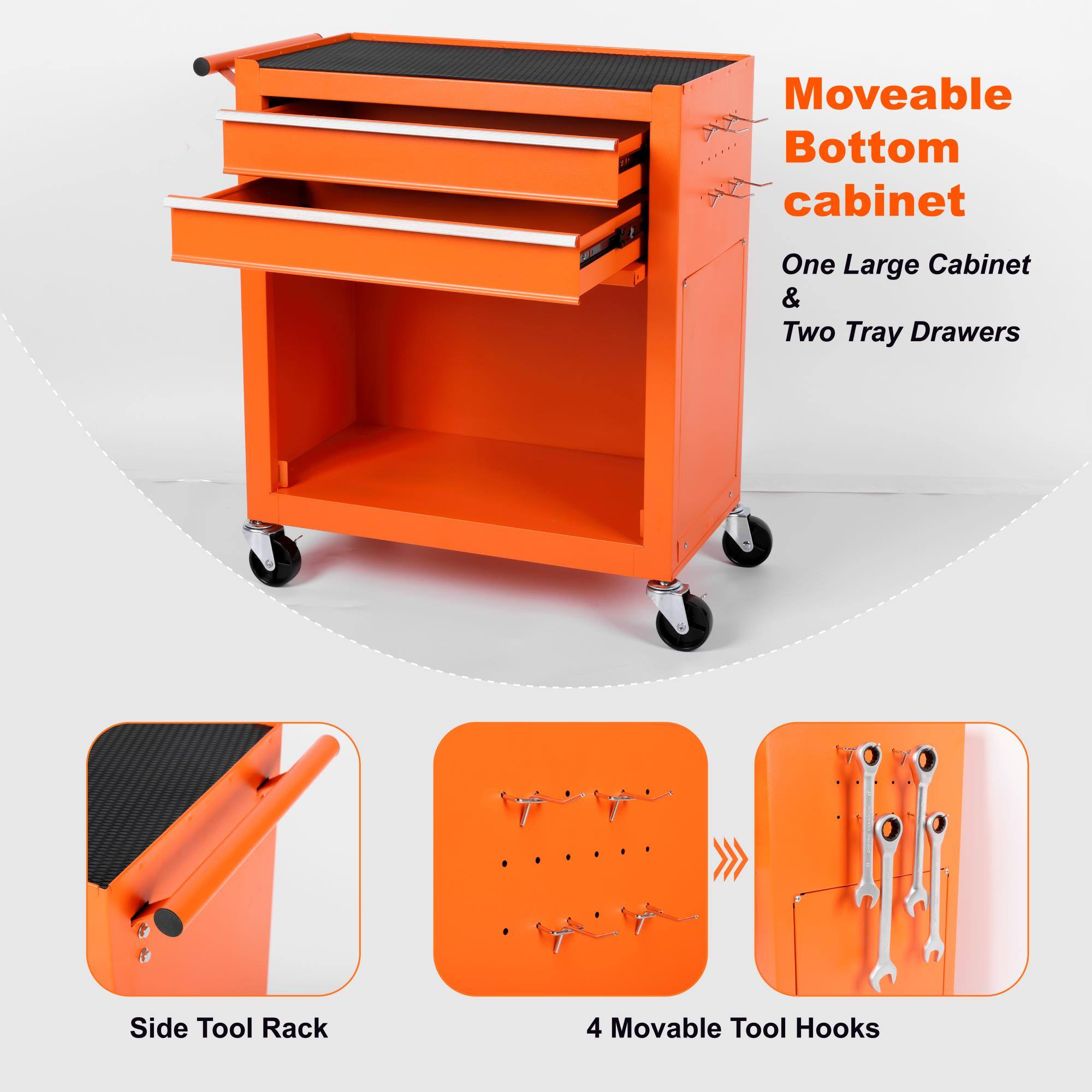 Moveable Bottom cabinet  
One Large Cabinet & Two Tray Drawers  
Side Tool Rack  
4 Movable Tool Hooks