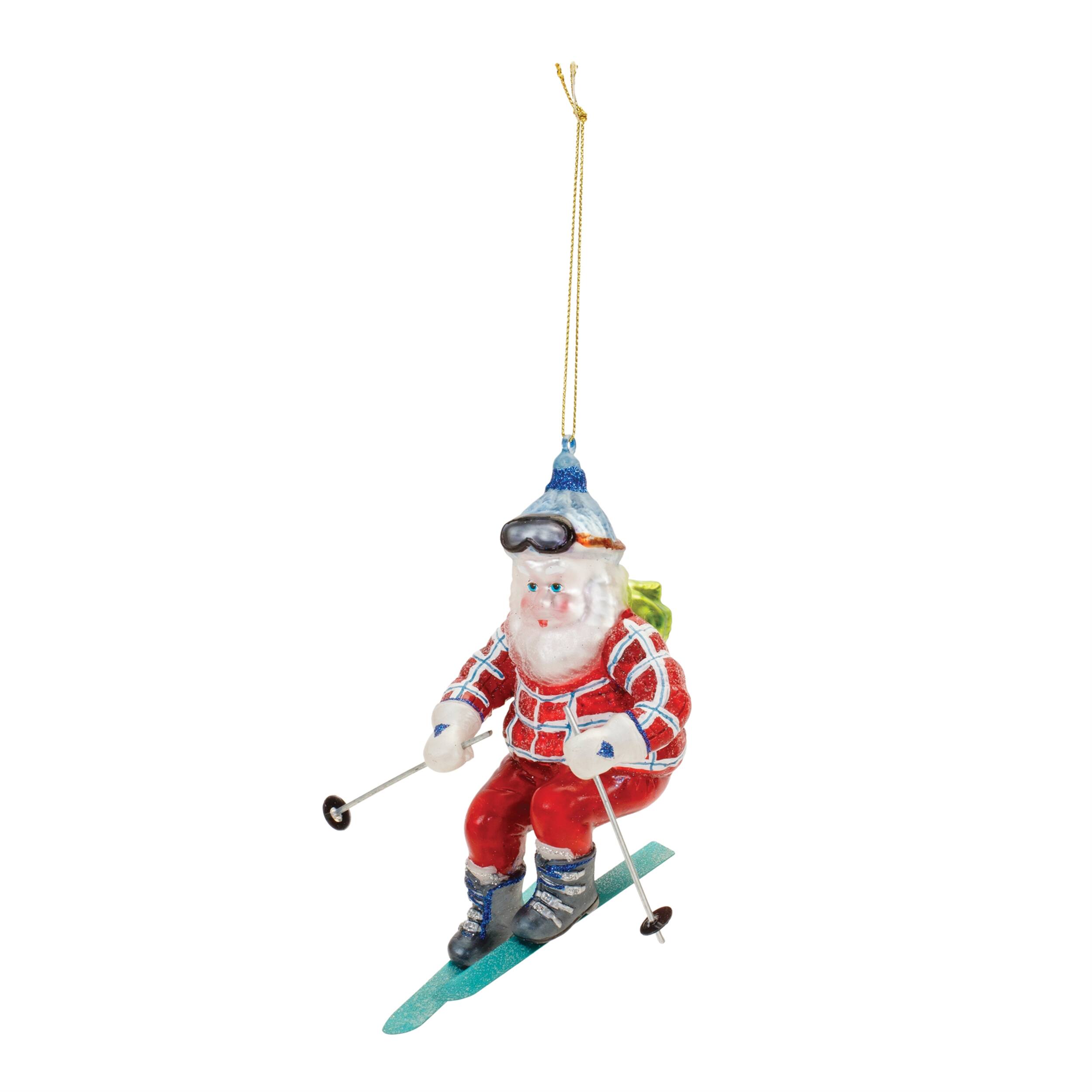Angle. BreeBe - Glass Ski Santa Ornament (Set of 6) - Red, Green.