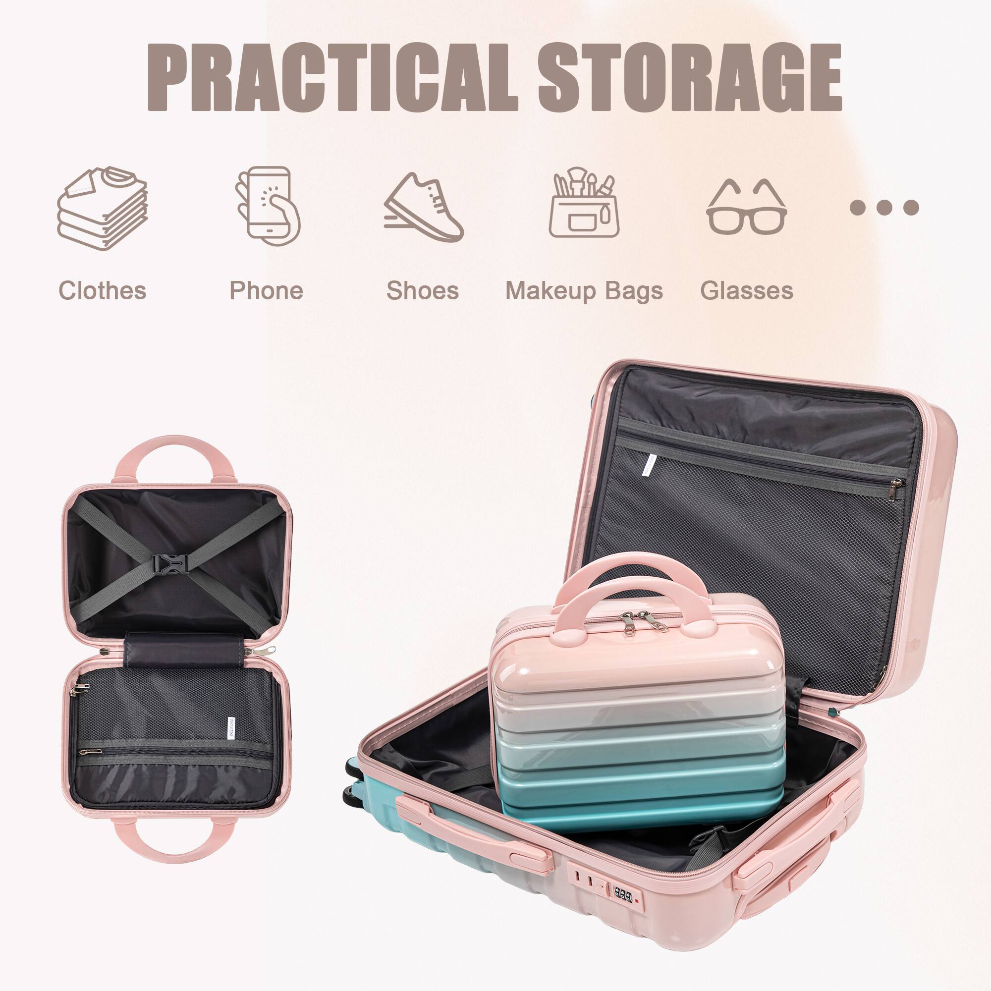 PRACTICAL STORAGE

- Clothes
- Phone
- Shoes
- Makeup Bags
- Glasses