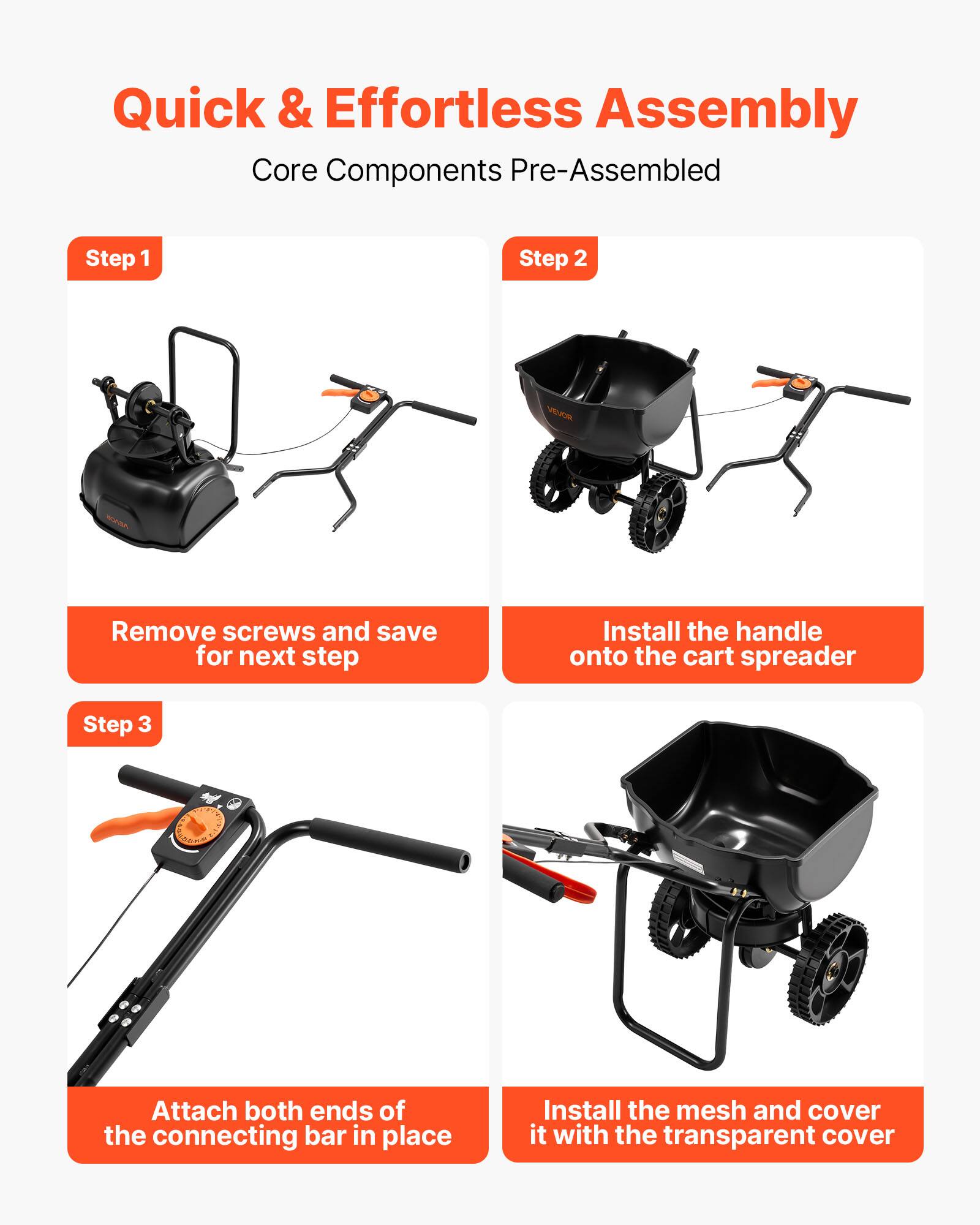 Quick & Effortless Assembly  
Core Components Pre-Assembled  

Step 1  
Remove screws and save for next step  

Step 2  
Install the handle onto the cart spreader  

Step 3  
Attach both ends of the connecting bar in place  

Install the mesh and cover it with the transparent cover