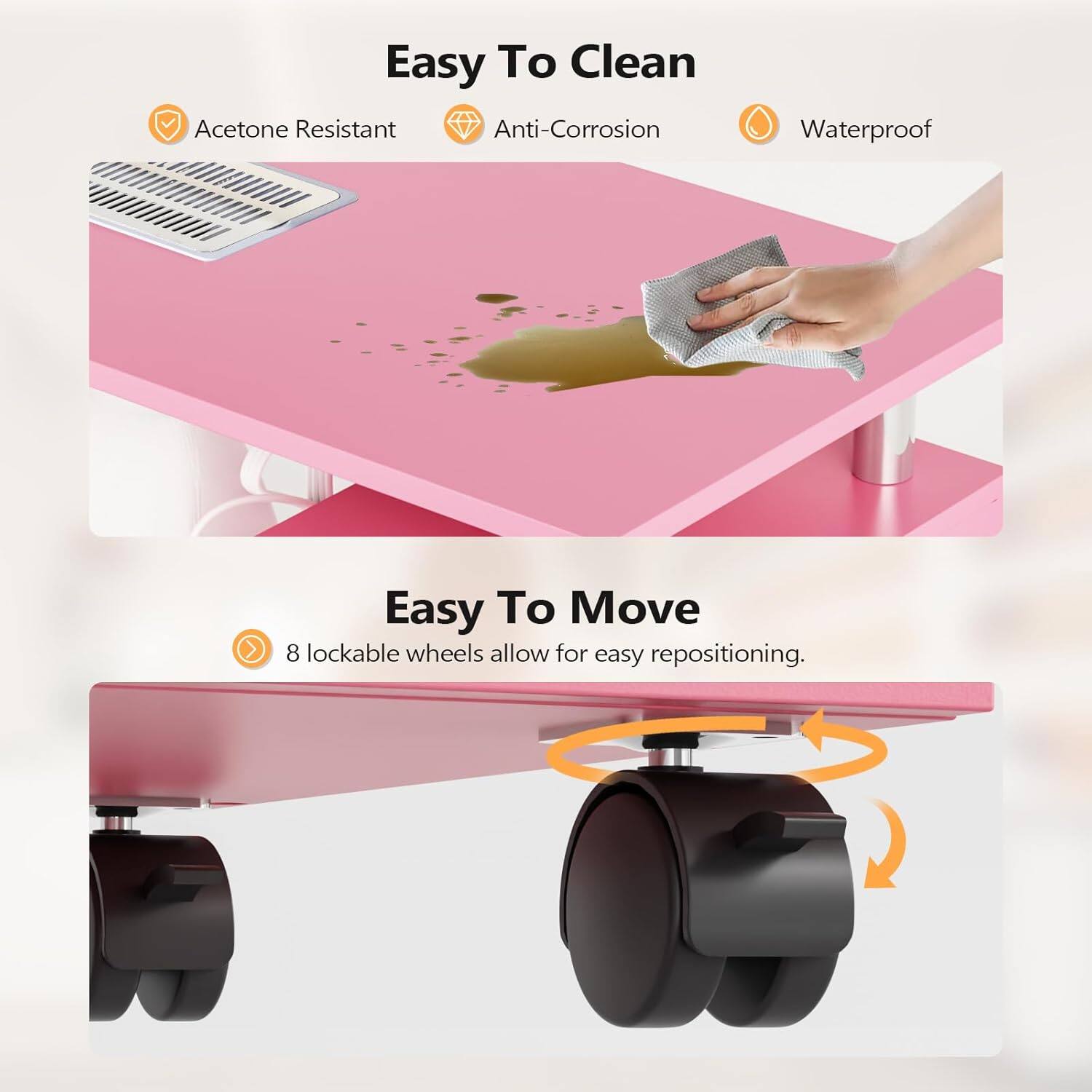 Easy To Clean  
Acetone Resistant  
Anti-Corrosion  
Waterproof  

Easy To Move  
8 lockable wheels allow for easy repositioning.