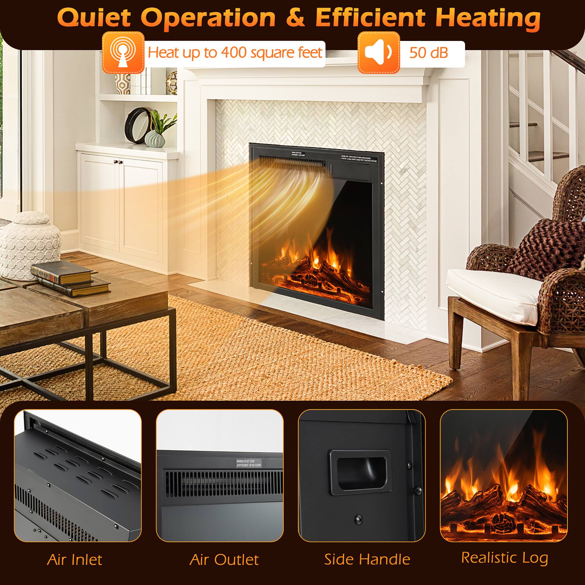 Quiet Operation & Efficient Heating

- Heat up to 400 square feet
- 50 dB

Air Inlet
Air Outlet
Side Handle
Realistic Log