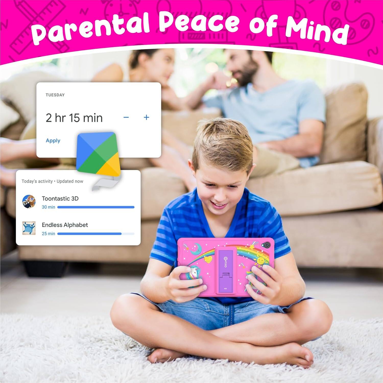 Parental Peace of Mind

TUESDAY 2 hr 15 min | + Apply
Today's activity Updated now
Toontastic 3D 30 min
Endless Alphabet 25 min