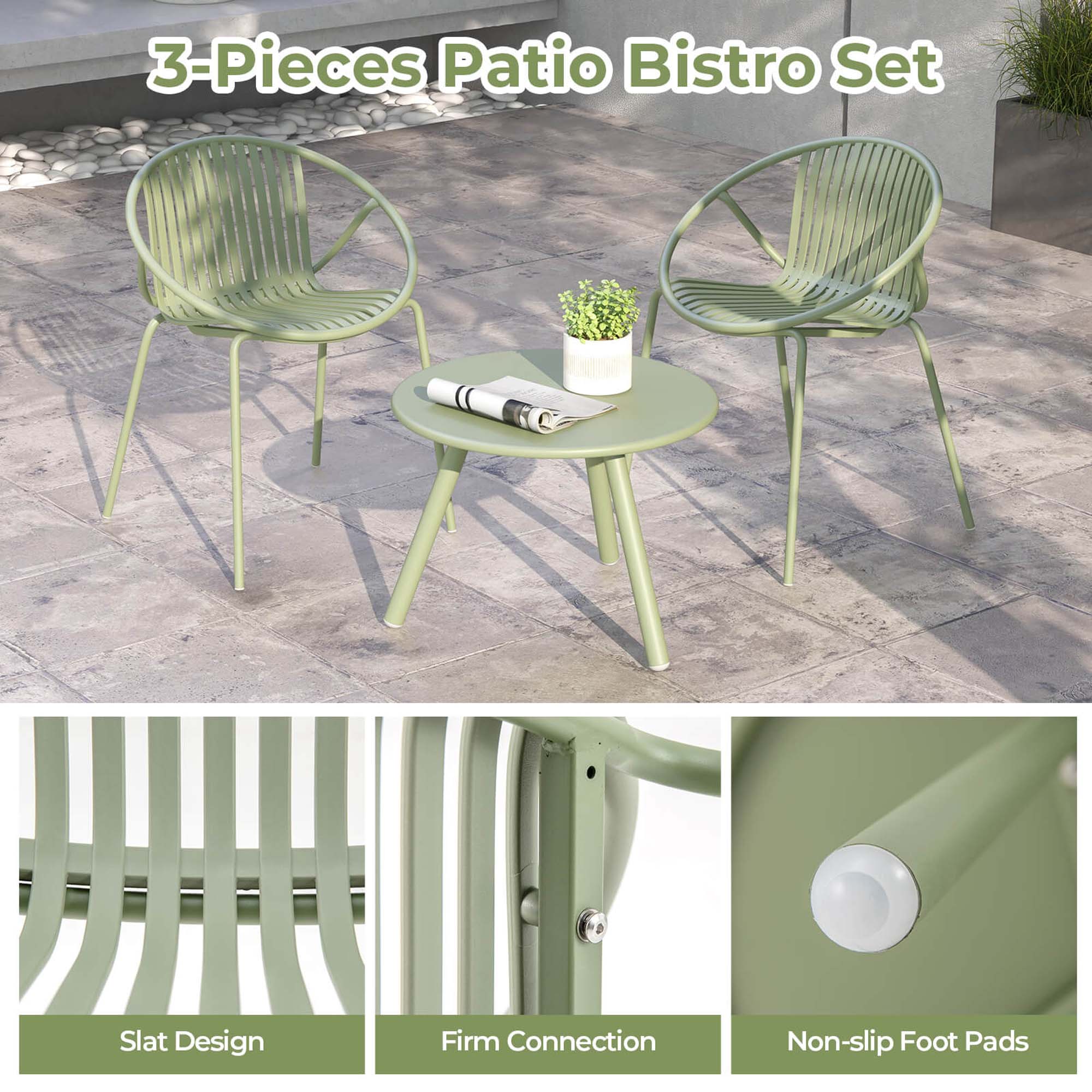 3-Pieces Patio Bistro Set: Slat Design, Firm Connection, Non-slip Foot Pads