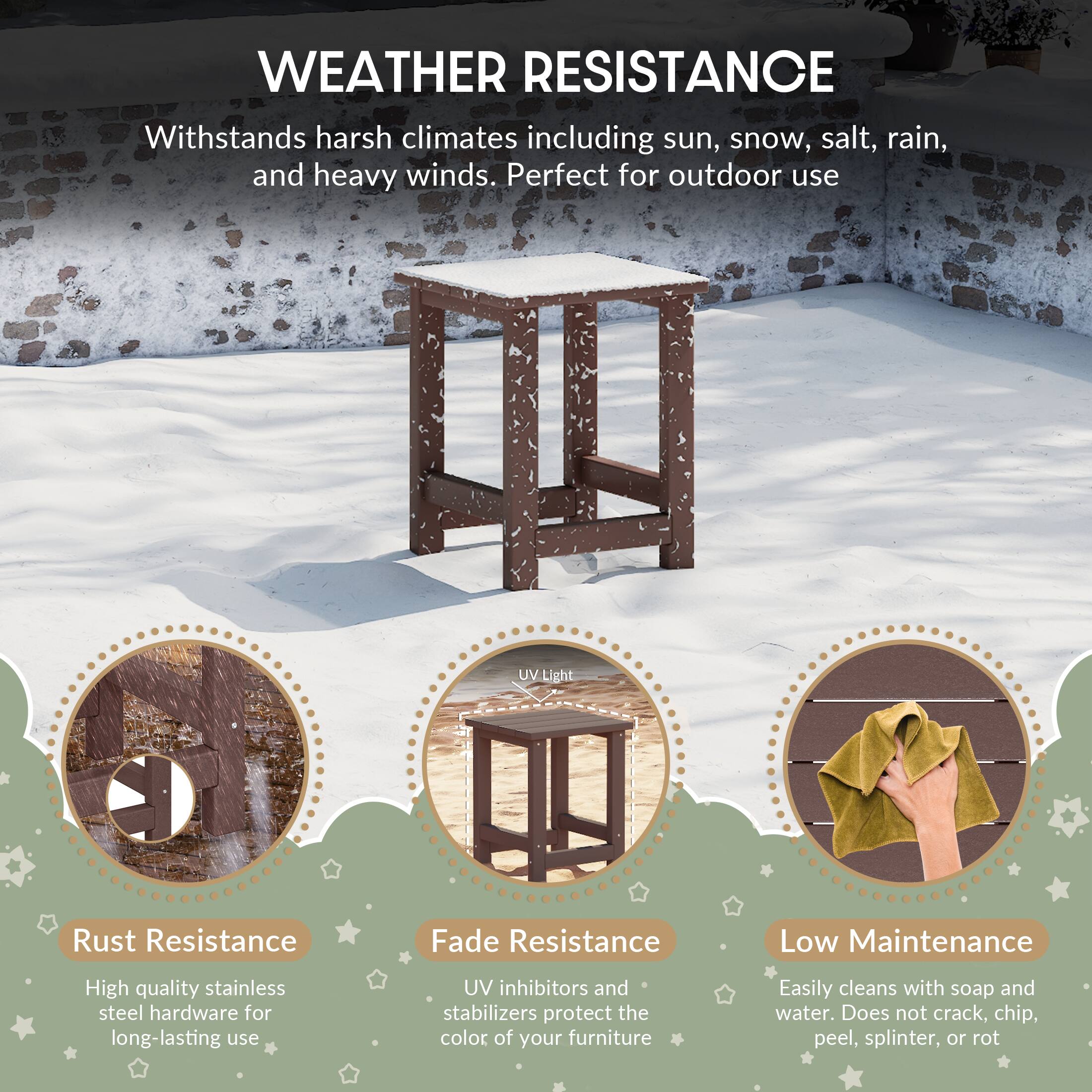 WEATHER RESISTANCE

Withstands harsh climates including sun, snow, salt, rain, and heavy winds. Perfect for outdoor use

UV Light

Rust Resistance
High quality stainless steel hardware for long-lasting use

Fade Resistance
UV inhibitors and stabilizers protect the color of your furniture

Low Maintenance
Easily cleans with soap and water. Does not crack, chip, peel, splinter, or rot