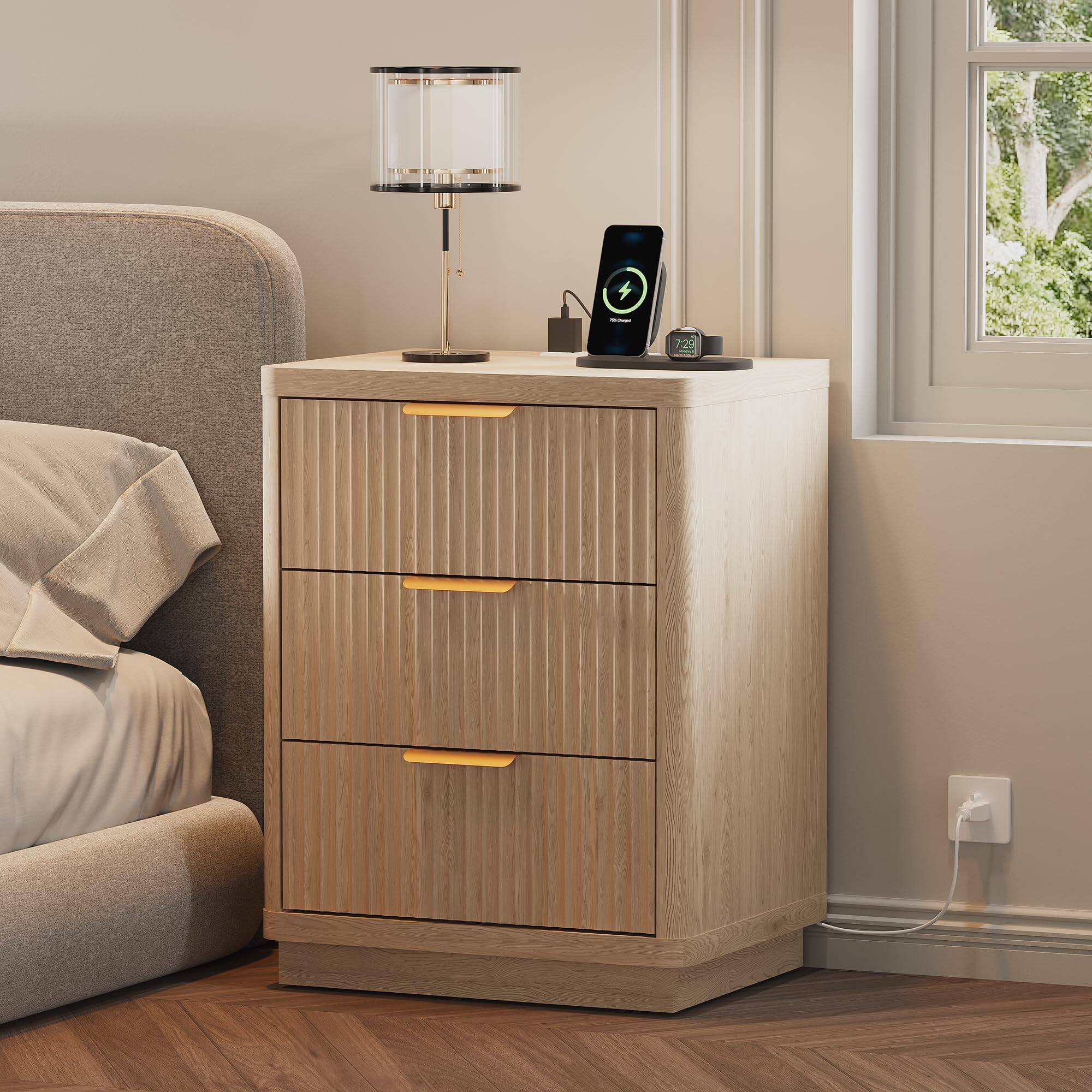 Front. Babevy - Fluted Nightstand with Charging Station, Mid Century Modern Fluted Nightstand, Modern End Table with Curved Corners - Brown.