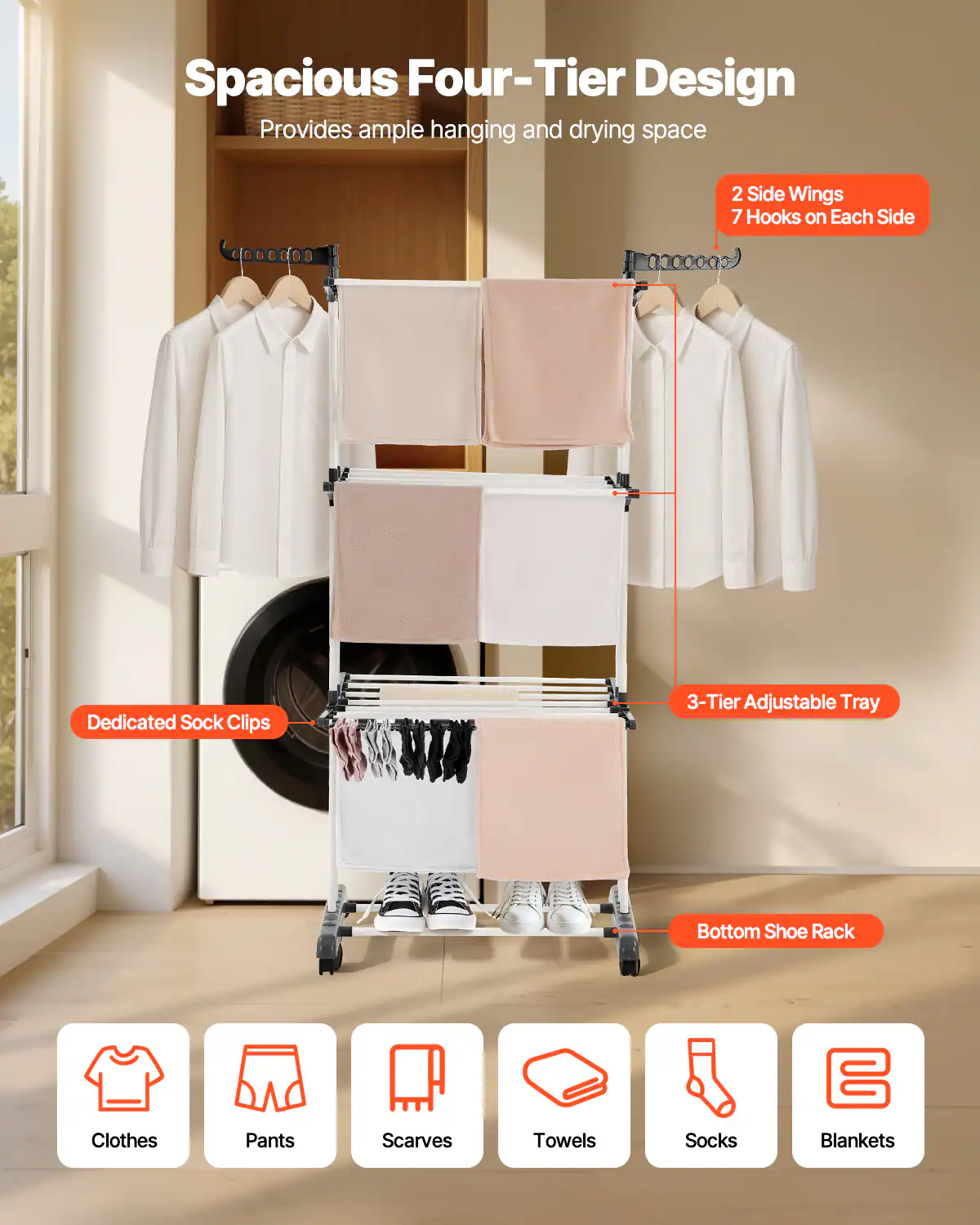 Spacious Four-Tier Design provides ample hanging and drying space. It features:

- 2 Side Wings with 7 Hooks on Each Side
- Dedicated Sock Clips
- 3-Tier Adjustable Tray
- Bottom Shoe Rack

This design accommodates various items such as Clothes, Pants, Scarves, Towels, Socks, and Blankets.