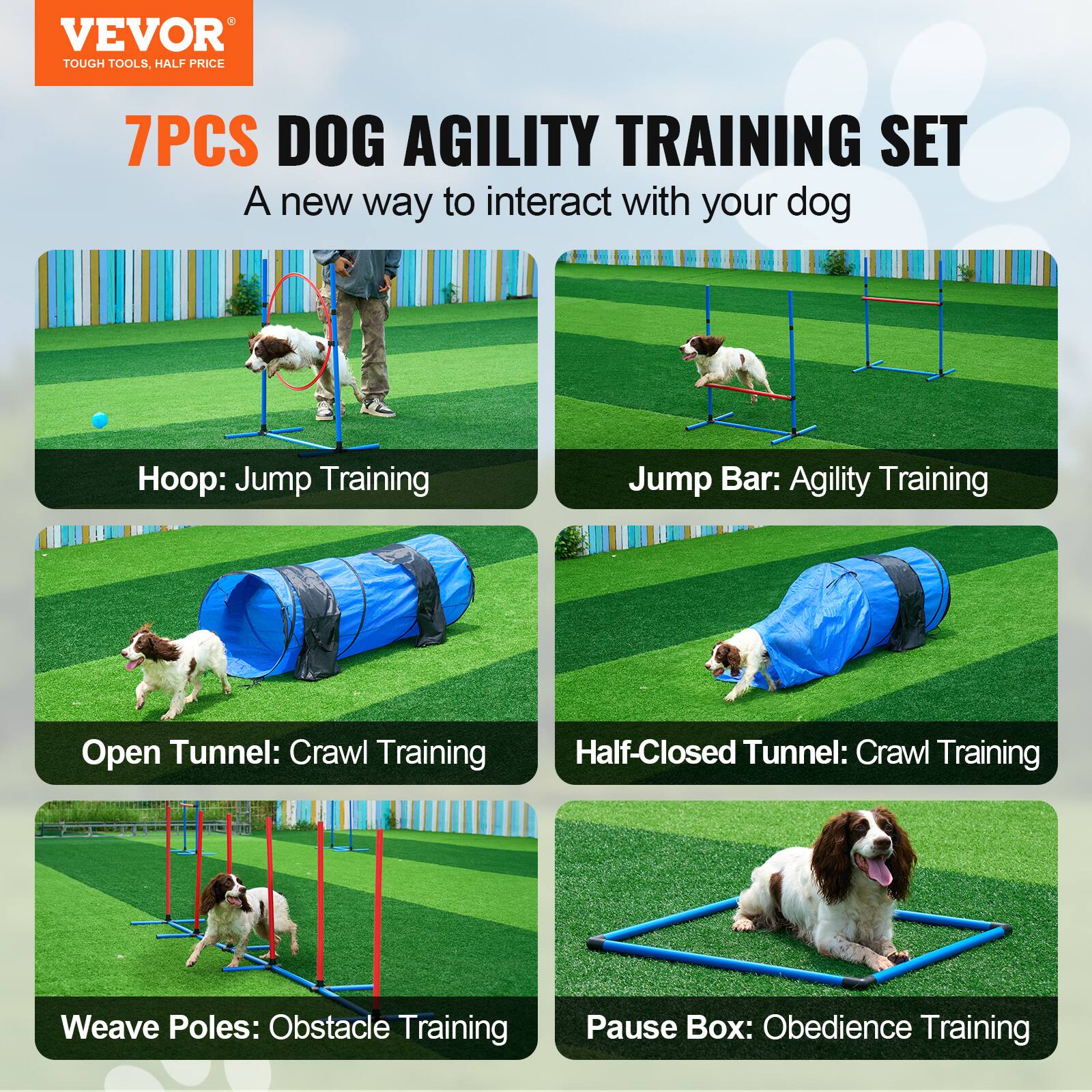 VEVOR TOUGH TOOLS, HALF PRICE 7PCS DOG AGILITY TRAINING SET A new way to interact with your dog Hoop: Jump Training Jump Bar: Agility Training Open Tunnel: Crawl Training Half-Closed Tunnel: Crawl Training Weave Poles: Obstacle Training Pause Box: Obedience Training