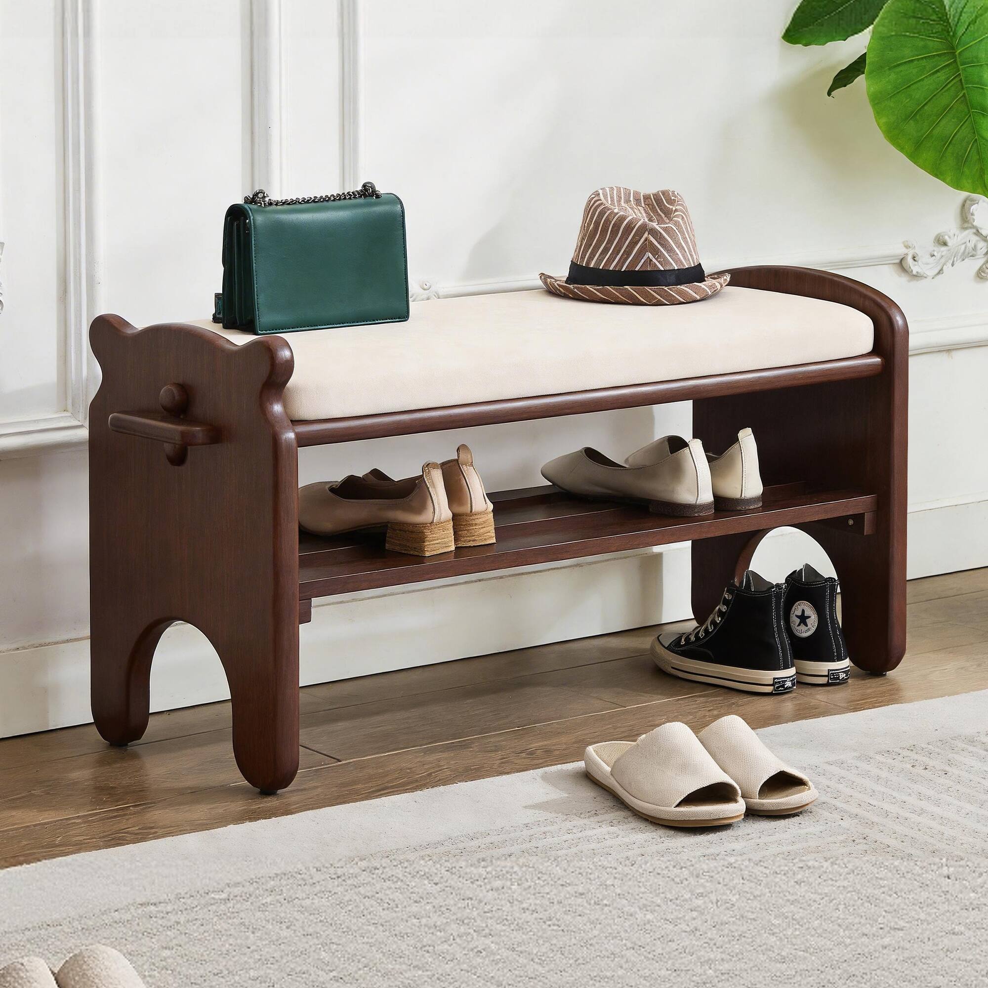 Angle. Whisen - Solid Wood Shoe Storage Bench with Faux Leather Cushion, 2-Tier Entryway Bench Rack - Walnut.