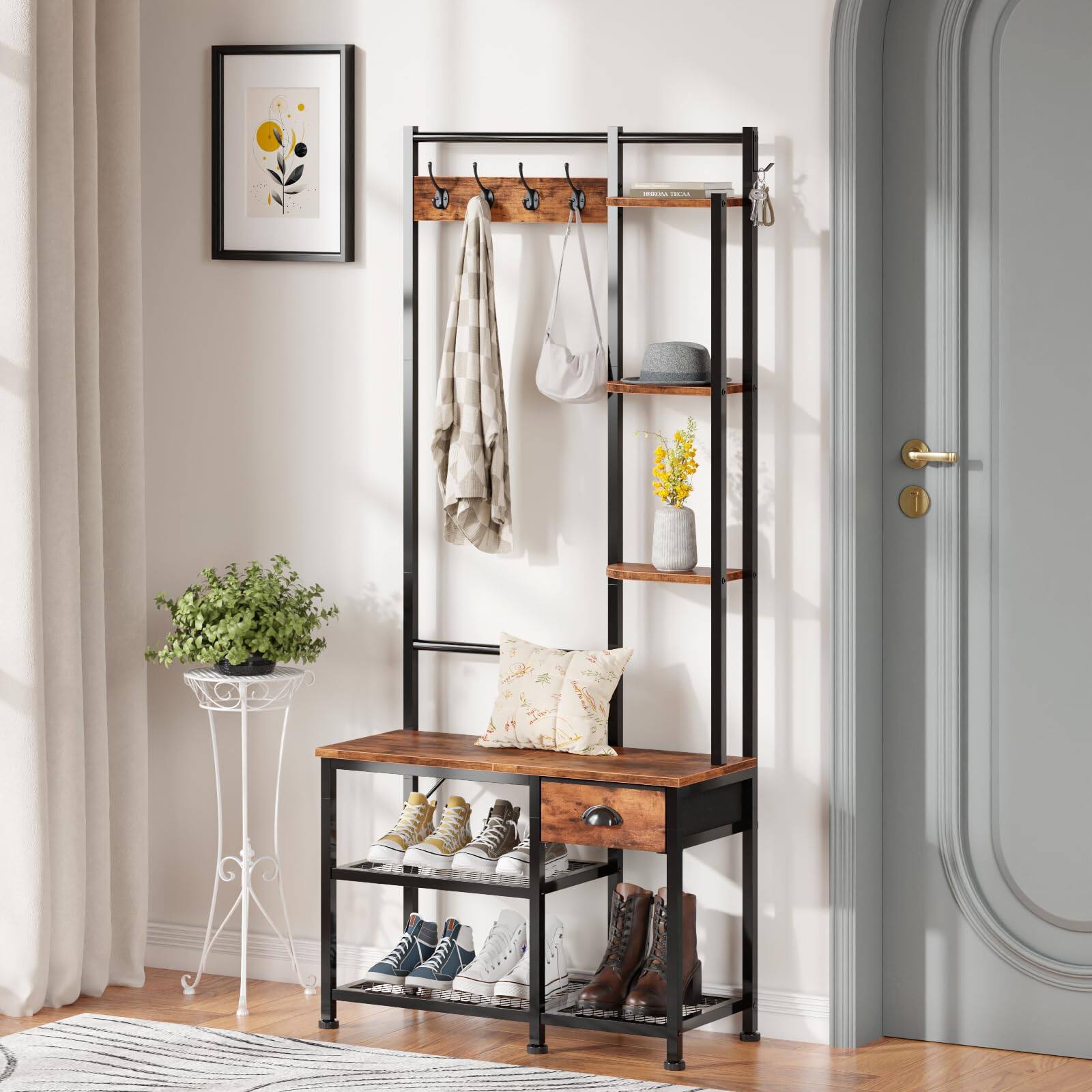 Alt View 1. Hirose Alice - Furologee Coat Rack Hall Tree with Bench and - Rustic Brown 7-Tier.