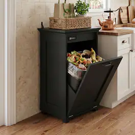 Famapy - 10 Gallon Tilt-Out Kitchen Trash Cabinet with Ozone Odor Control, Hidden Garbage Bin Storage, Wooden Deodorizing Cabinet - Black