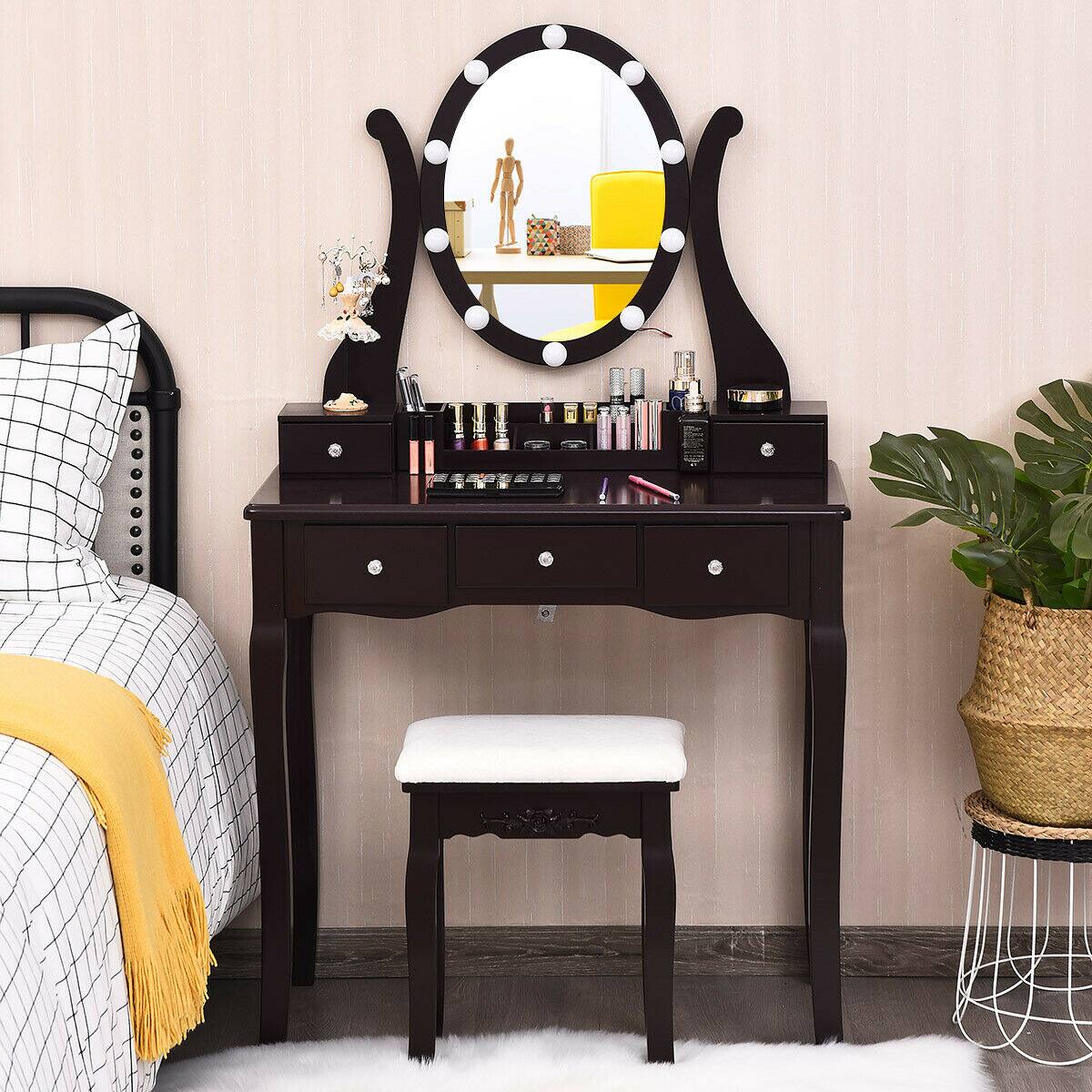 Alt View 1. Costway - Costway Vanity Table Set w/10 Light Bulbs and Touch Switch Makeup Dressing Table - Brown.