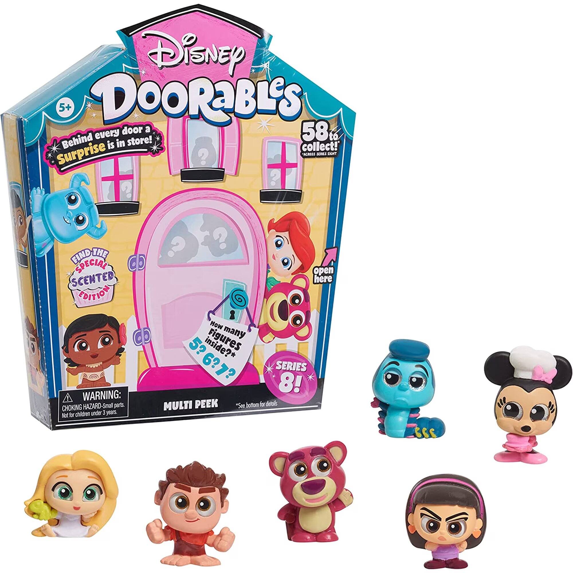 Disney Doorables  
5+  
58 to collect!  
Behind every door a surprise is in store!  
FIND THE SPECIAL SCENTED EDITION  
How many Figures inside? 5? 6? 7? SERIES 8!  
WARNING: CHOKING HAZARD-Small parts. Not for children under 3 years.  
MULTI PEEK *See bottom for details