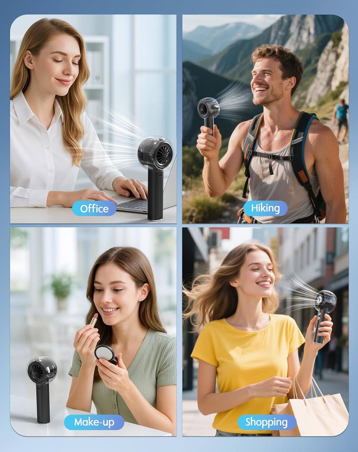 Office  
Hiking  
Make-up  
Shopping